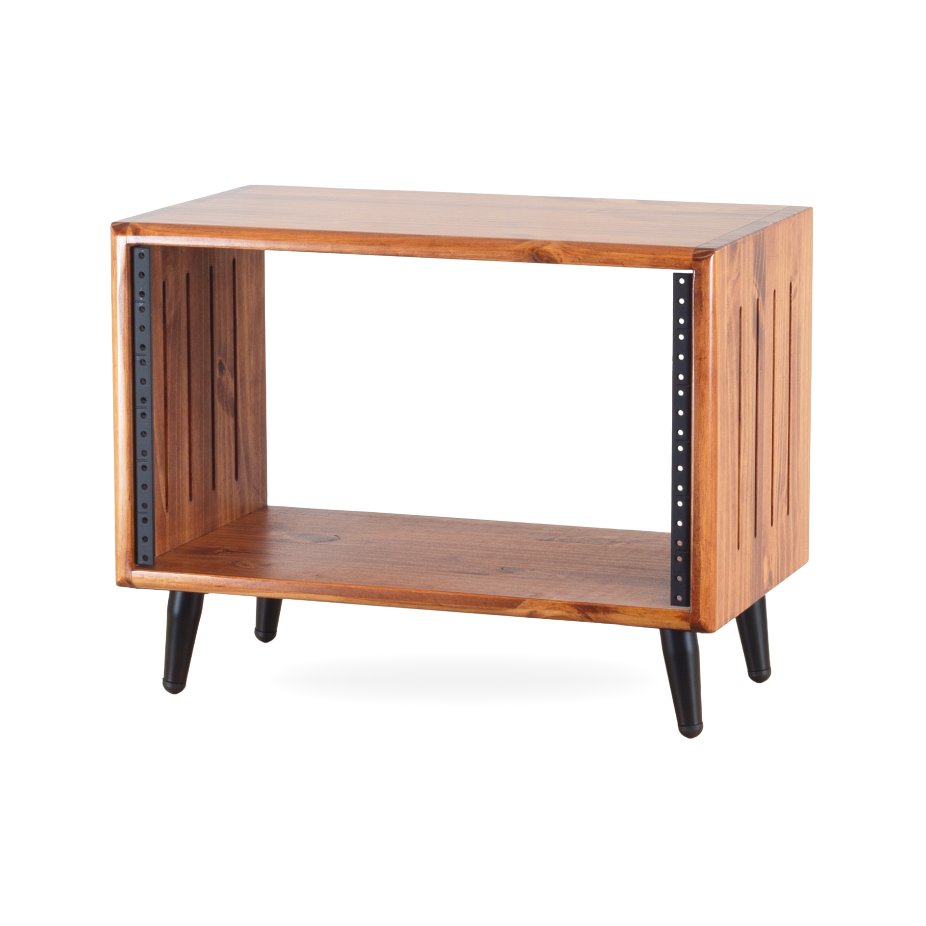 American Walnut solid wood studio rack 6U with side vents and 4" tapered legs — Gear Hive Classic Collection