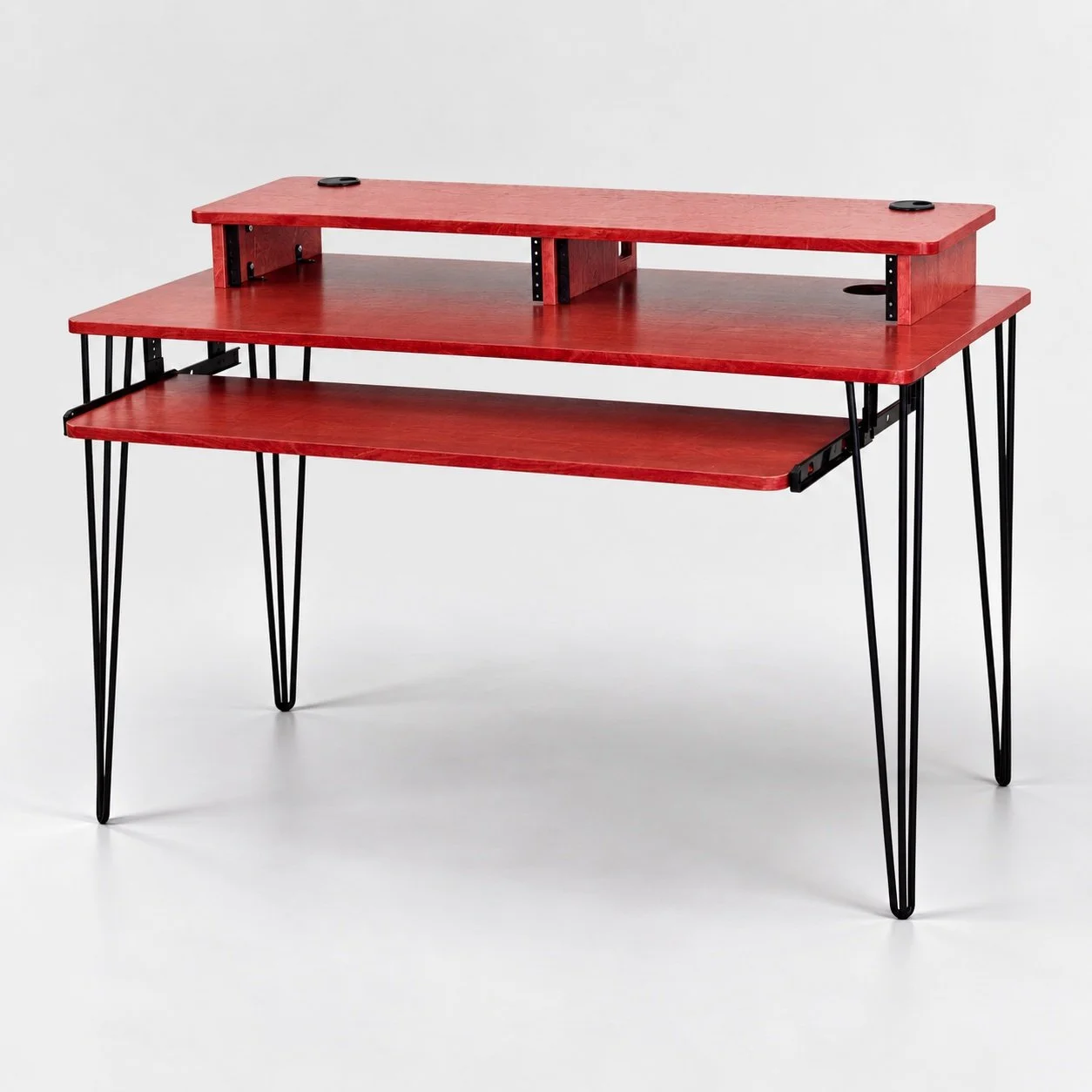 Starter Barn Red 2x2U recording studio desk with hairpin legs, keyboard tray and dual rack bays — Gear Hive