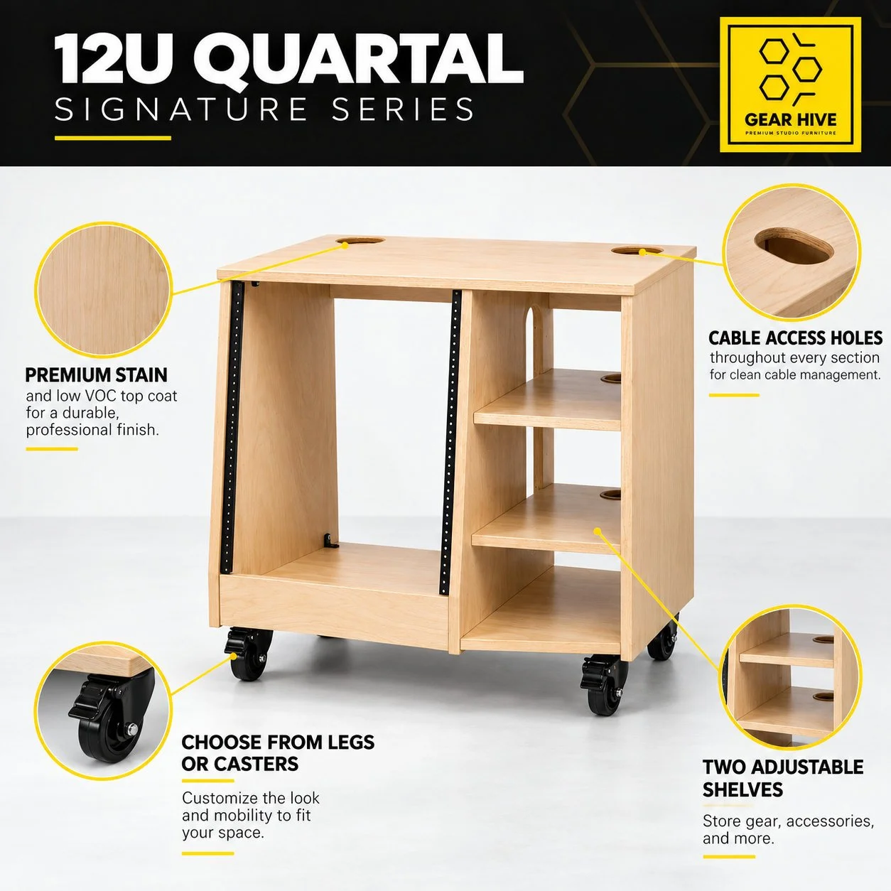 12U Quartal premium wood studio rack with shelves features — Gear Hive Signature Series