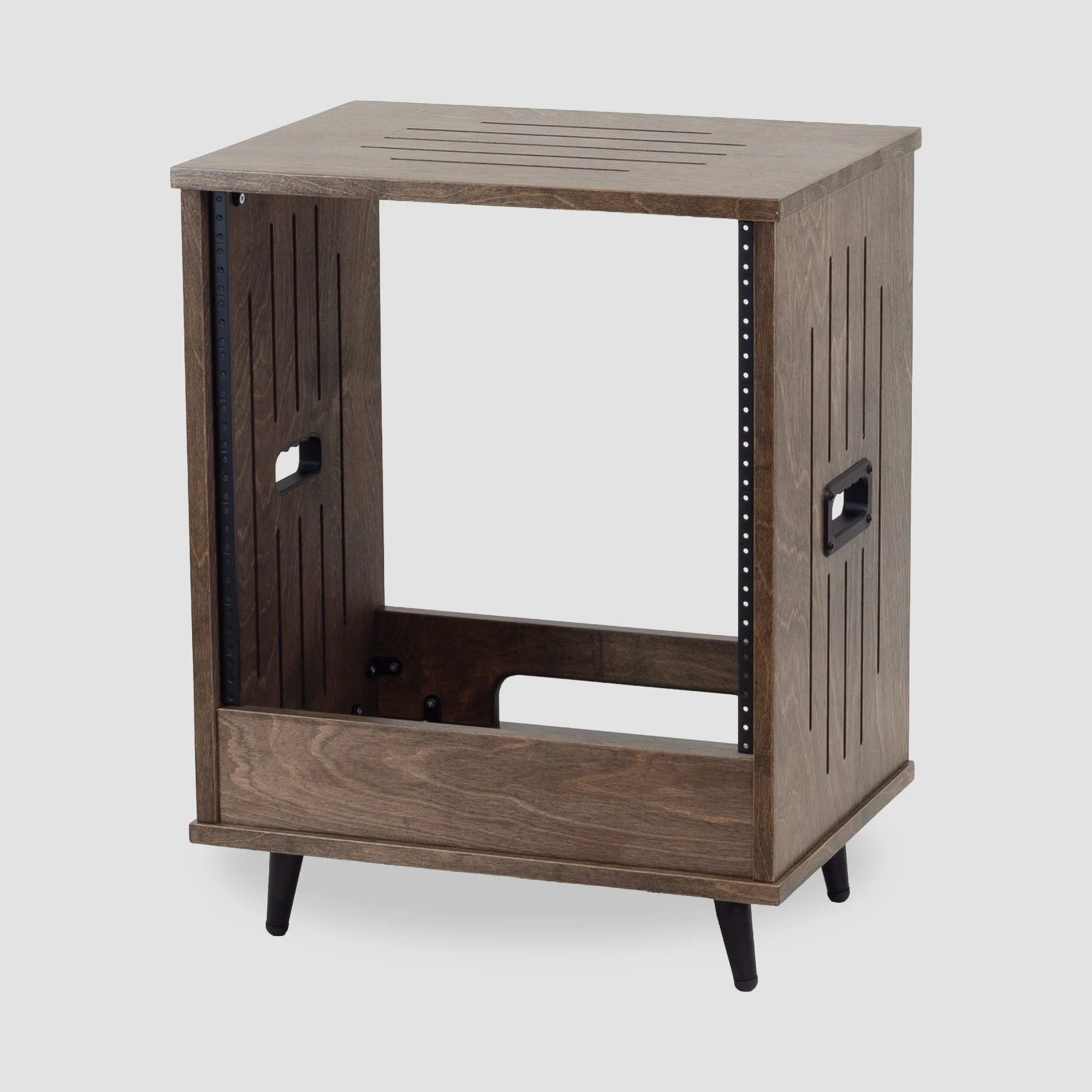 Single straight Espresso 10U floor-standing wood studio rack with vents, handles, and 4" tapered legs — Gear Hive Traditional Racks
