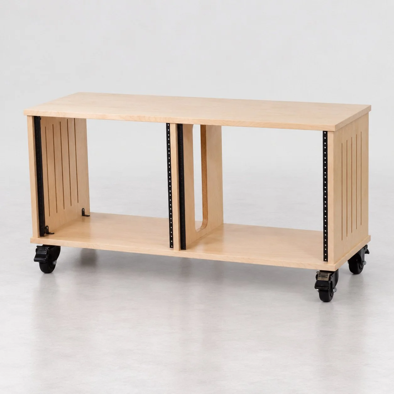 Dual straight Natural 2x9U wood studio rack with side vents and casters — Gear Hive Traditional Racks