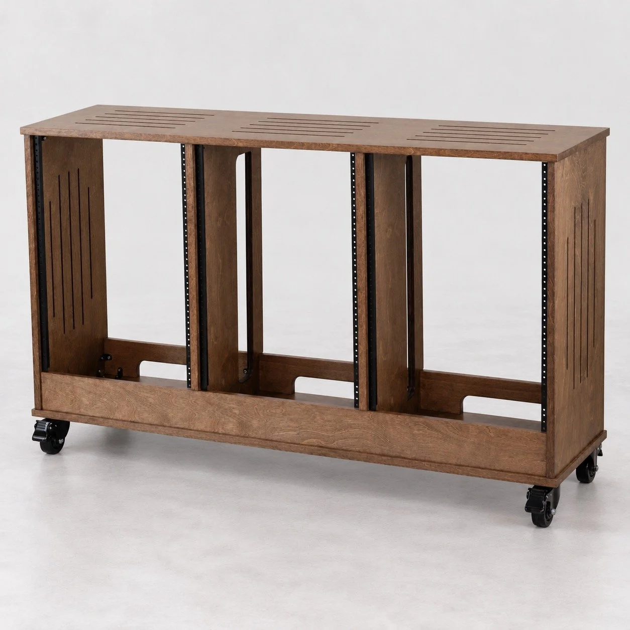 Triple straight Dark Walnut 3x16U large-format wood studio rack with top vents, side vents and casters — Gear Hive Traditional Racks (Copy)