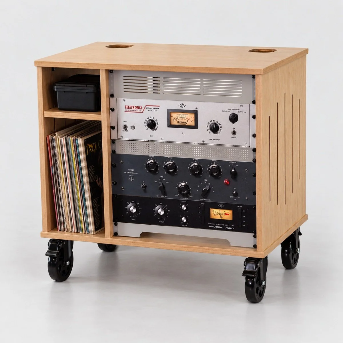 12U Storehouse Golden Oak floor-standing wood studio rack with casters — Gear Hive Signature Series
