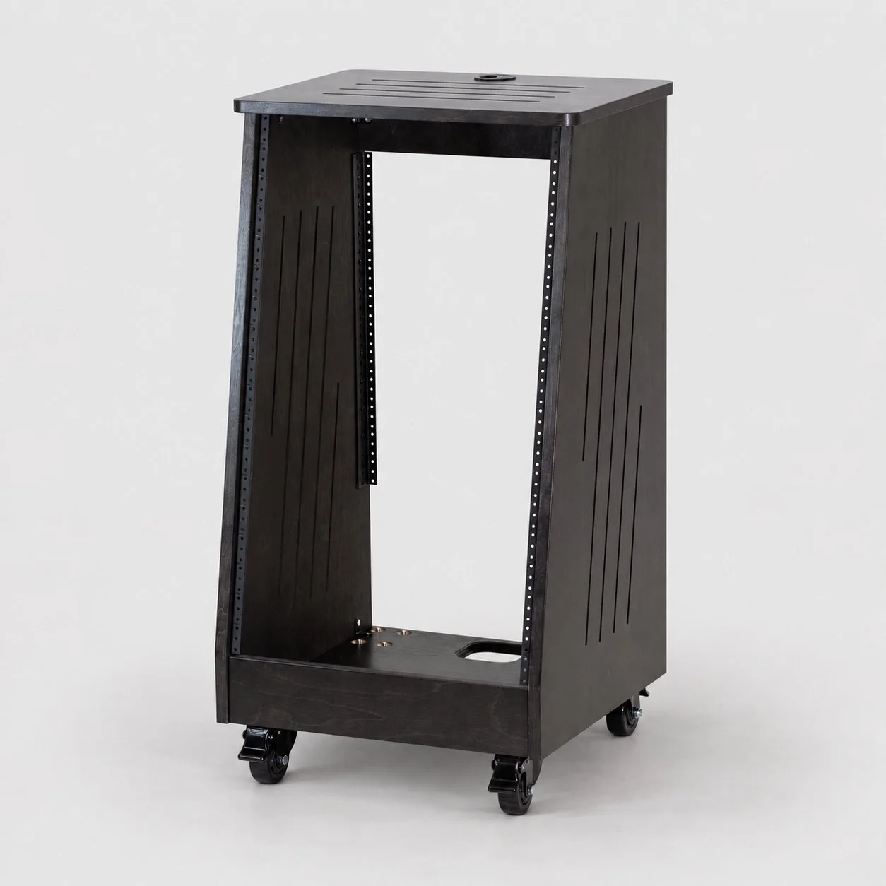 Single slanted Classic Black 16U wood studio rack with side vents, rear rails and casters — Gear Hive Traditional Racks