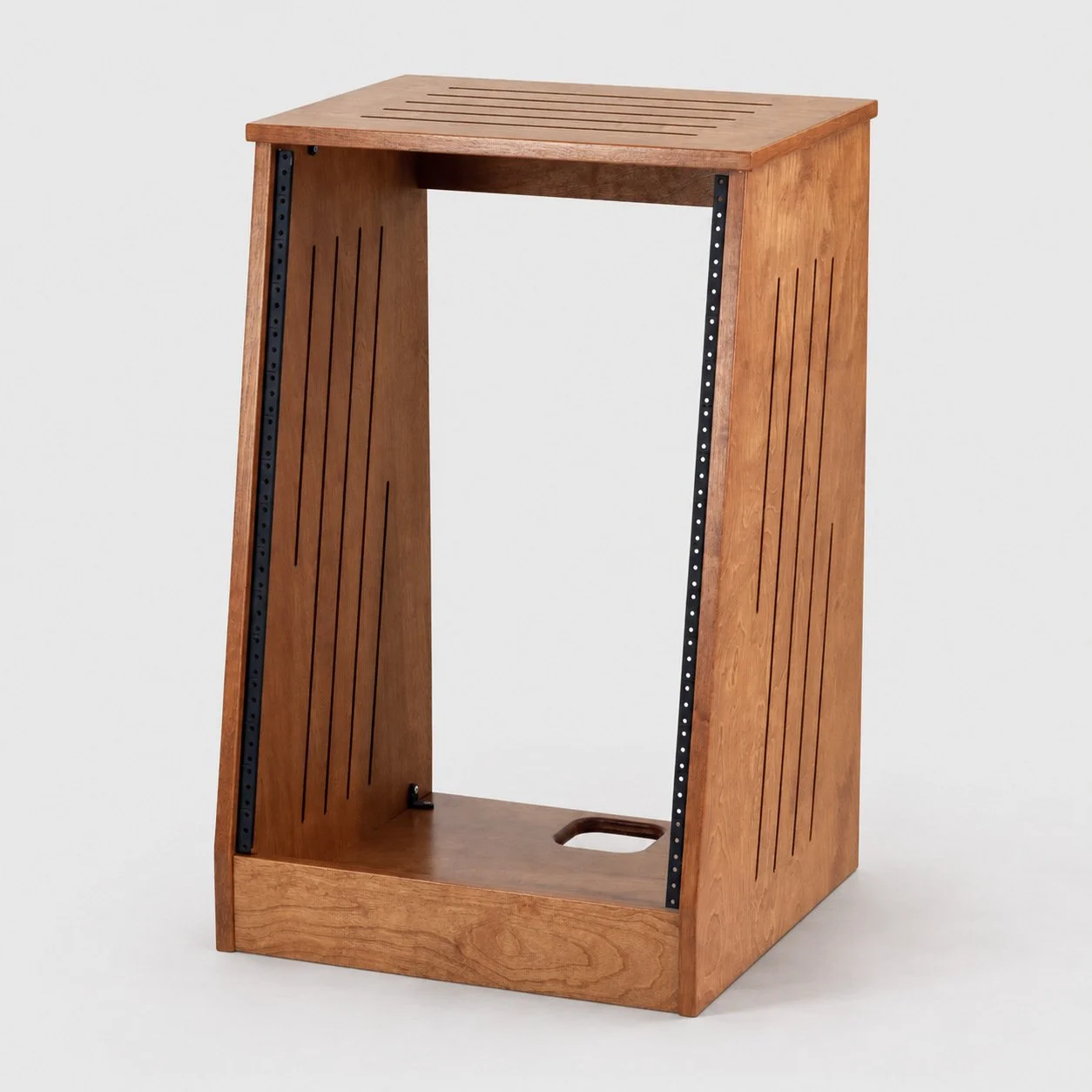 Single slanted American Walnut 16U wood studio rack with side vents — Gear Hive Traditional Racks