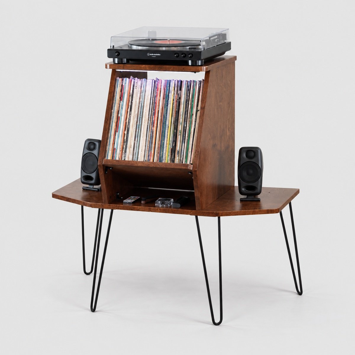 Beacon outer shelves with record stops removed to fit bookshelf speakers