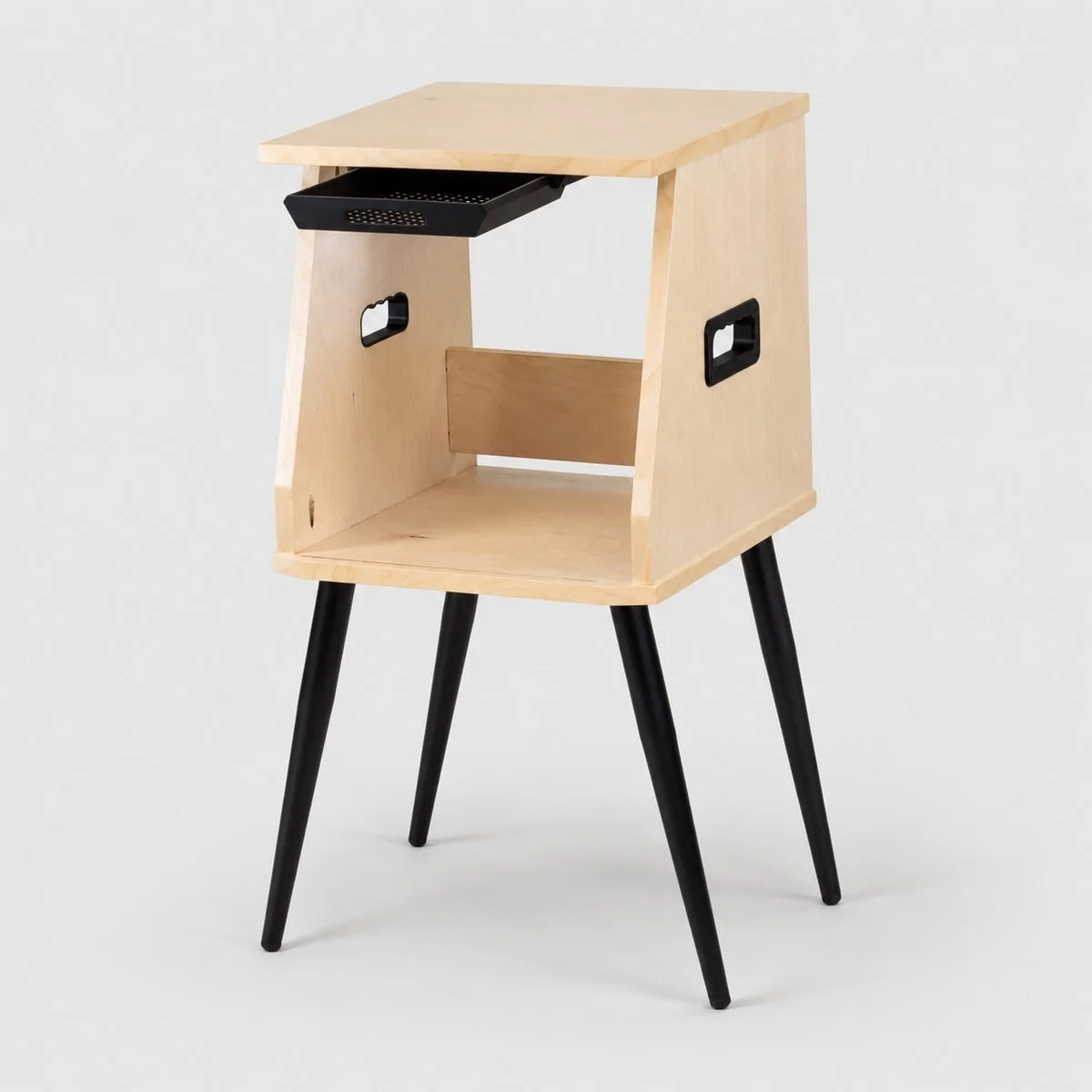 Catalina vinyl record storage console with drawer and black tapered steel legs, holds about 75 records