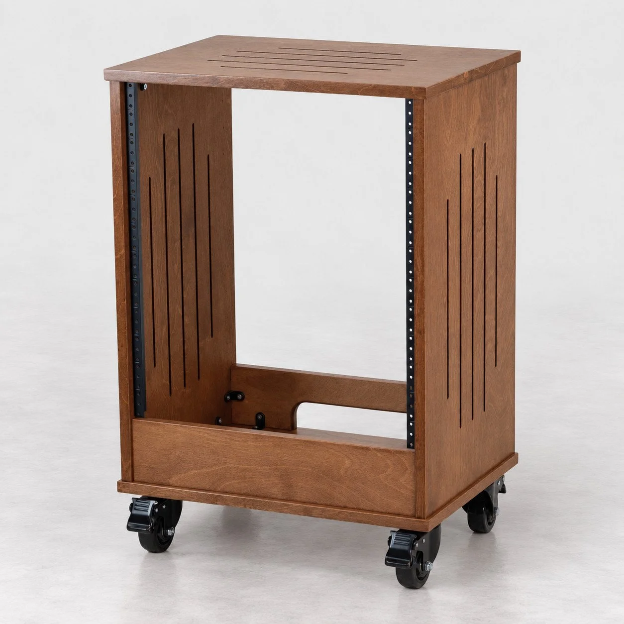 Single straight Dark Walnut 12U wood studio rack with side vents and casters — Gear Hive Traditional Racks