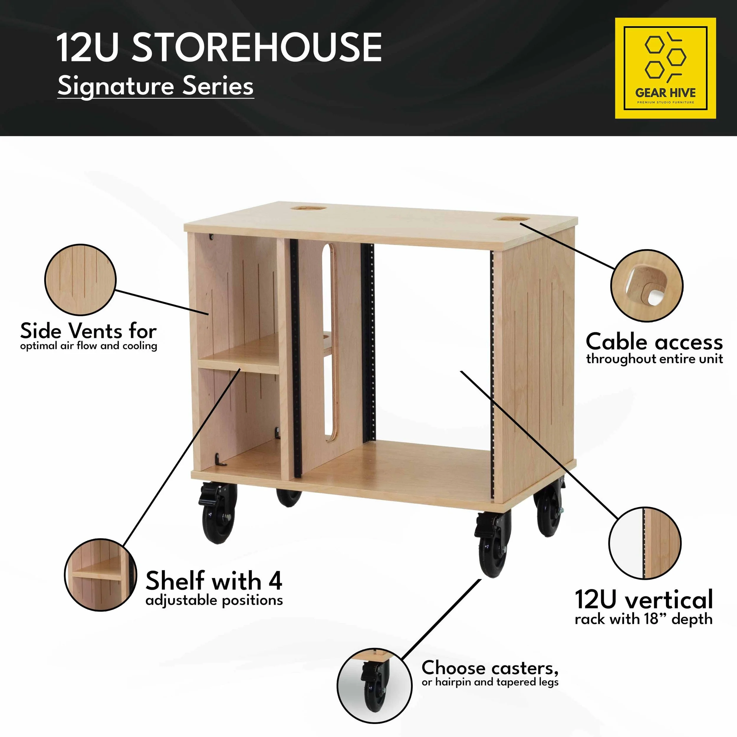 12U Storehouse floor-standing wood studio rack with storage and casters features — Gear Hive Signature Series