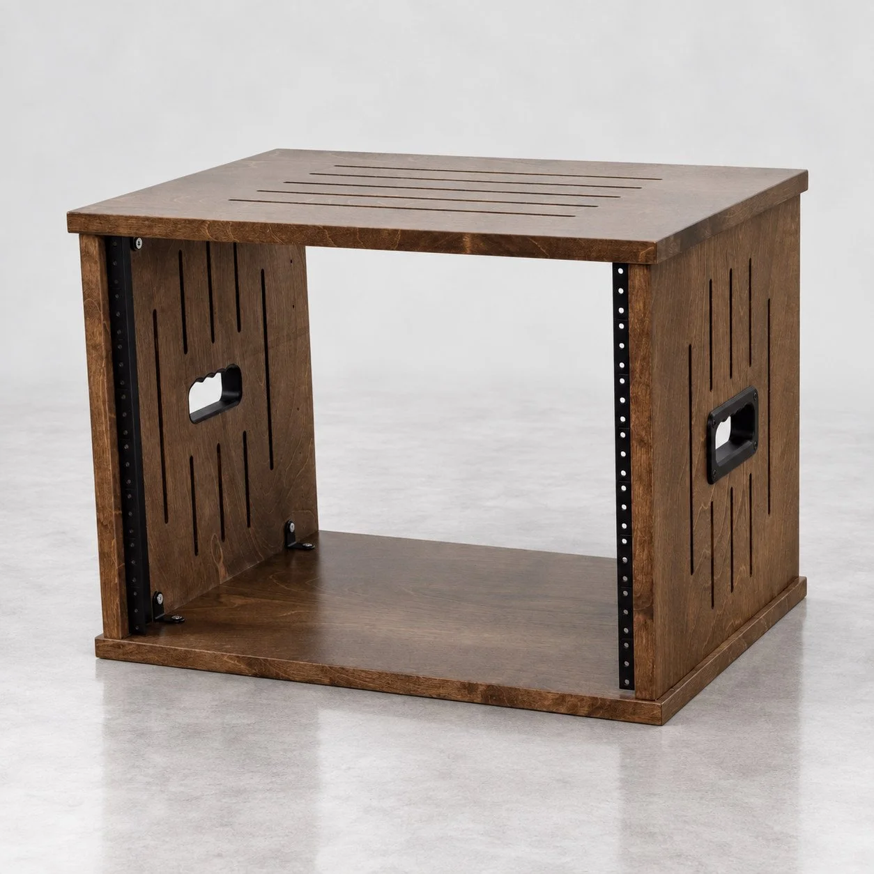 Single straight Espresso 8U wood studio rack with top and side vents and black handles — Gear Hive Traditional Racks