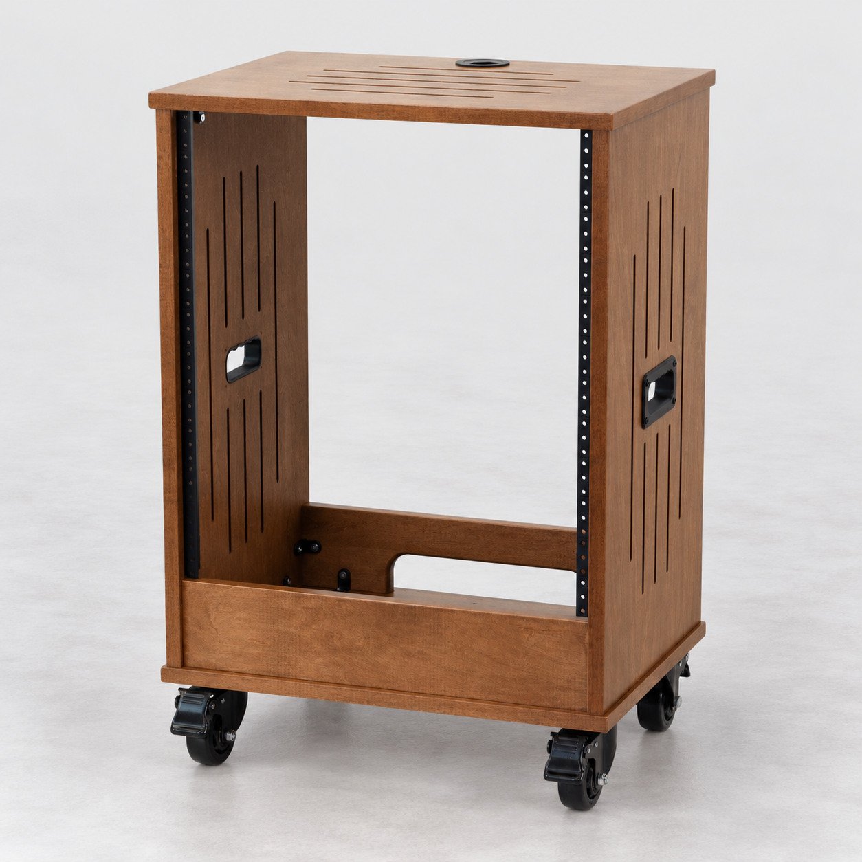 Single straight Dark Walnut 10U wood studio rack with side vents, handles and casters — Gear Hive Traditional Racks