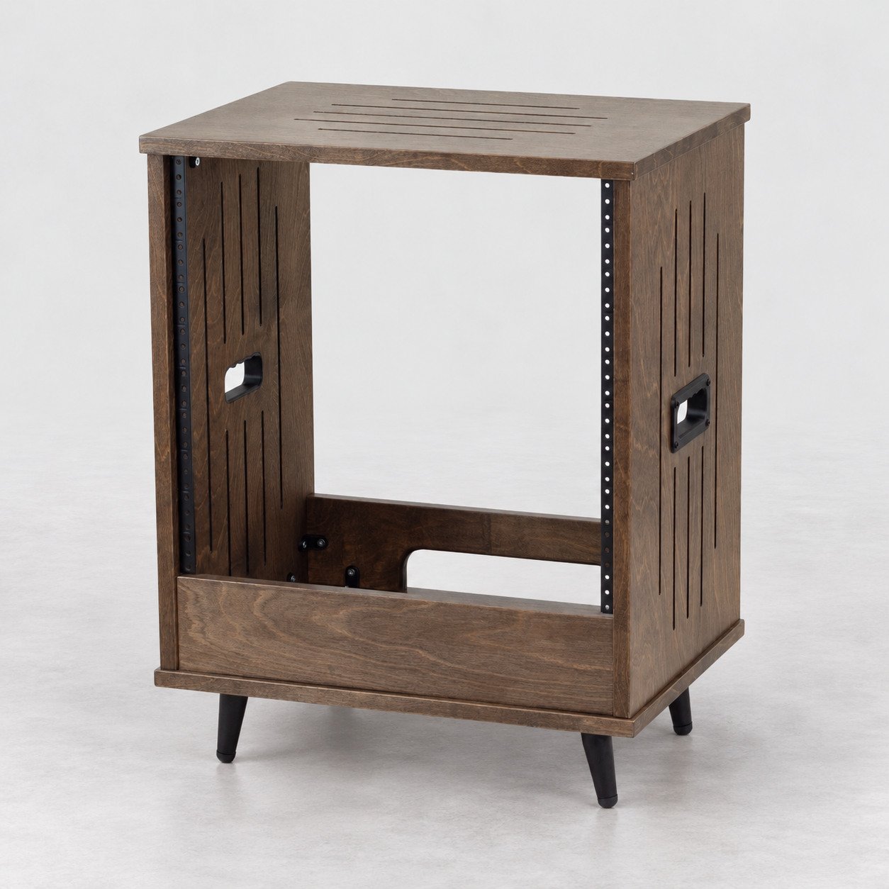 Single straight Espresso 10U wood studio rack with side vents, handles and 4" steel tapered legs — Gear Hive Traditional Racks