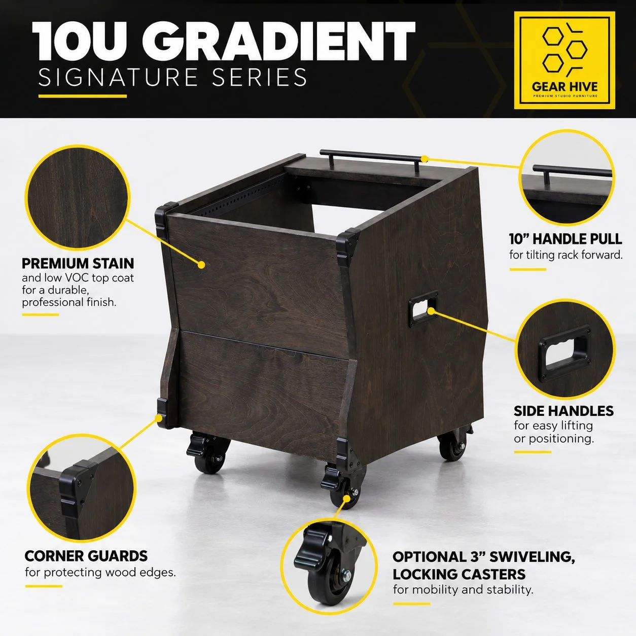 10U Gradient wood studio rack features — Gear Hive Signature Series
