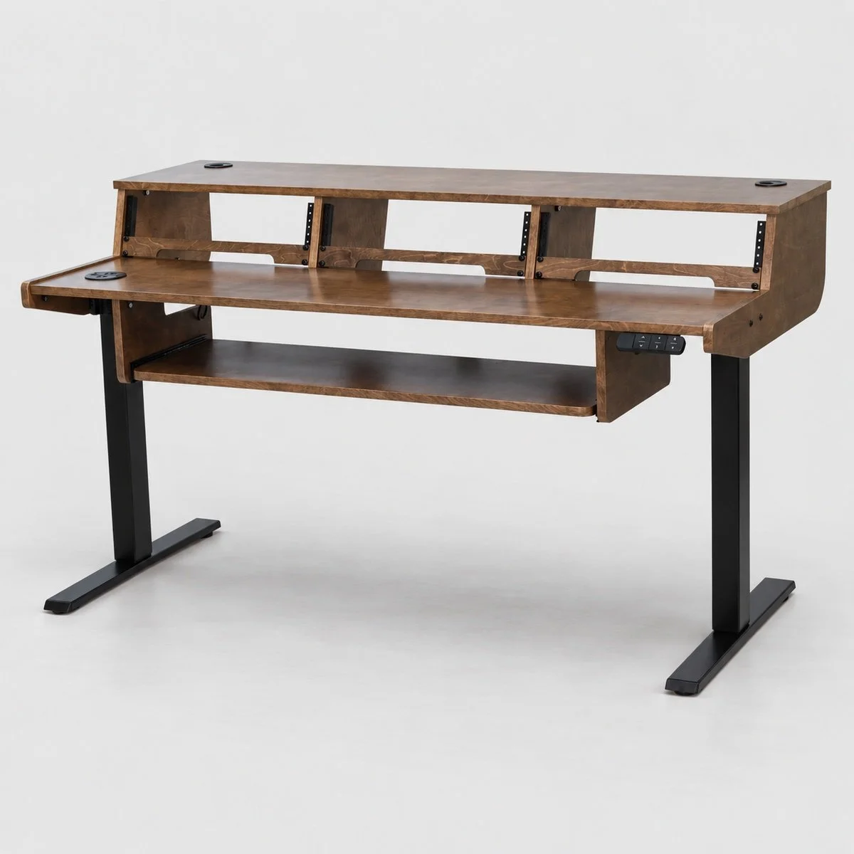 Tamagotchi Espresso sit/stand 3-bay recording studio desk with electric lift and black frame — Gear Hive