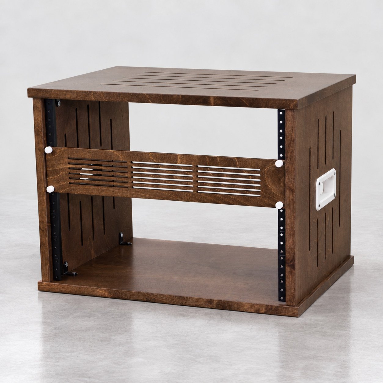 Single straight Espresso 8U wood studio rack with side vents, white handles and rack panel — Gear Hive Traditional Racks