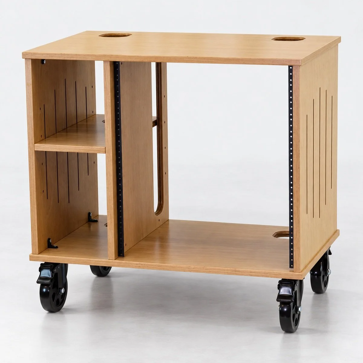 12U Storehouse Golden Oak floor-standing wood studio rack with casters — Gear Hive Signature Series