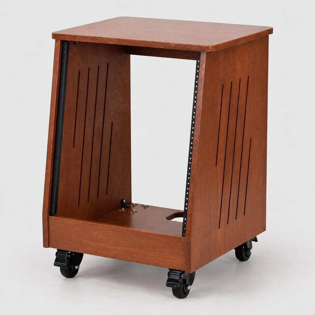 Single slanted Carrington 12U wood studio rack with side vents and casters — Gear Hive Traditional Racks