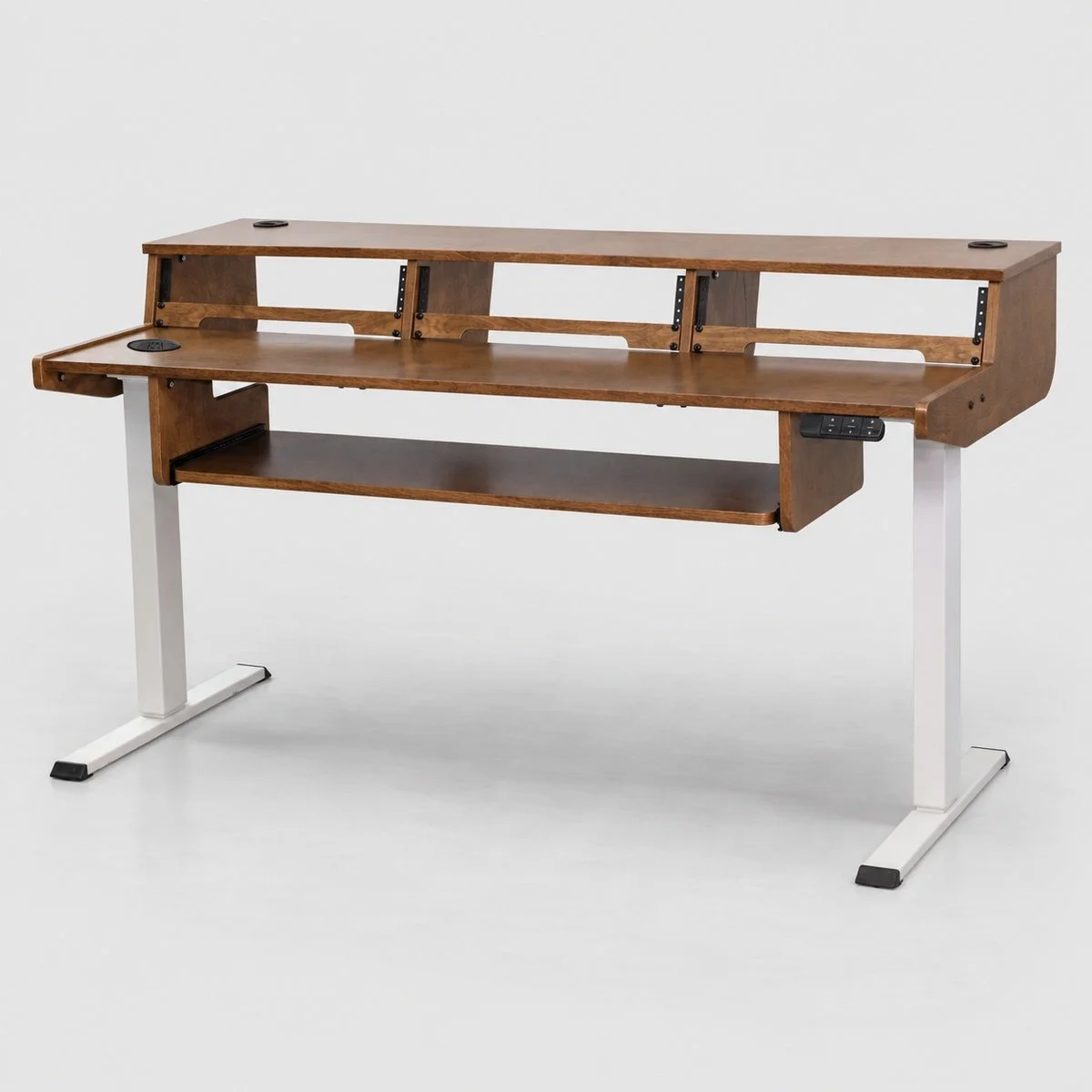 Tamagotchi Espresso sit/stand 3-bay recording studio desk with electric lift and white frame — Gear Hive
