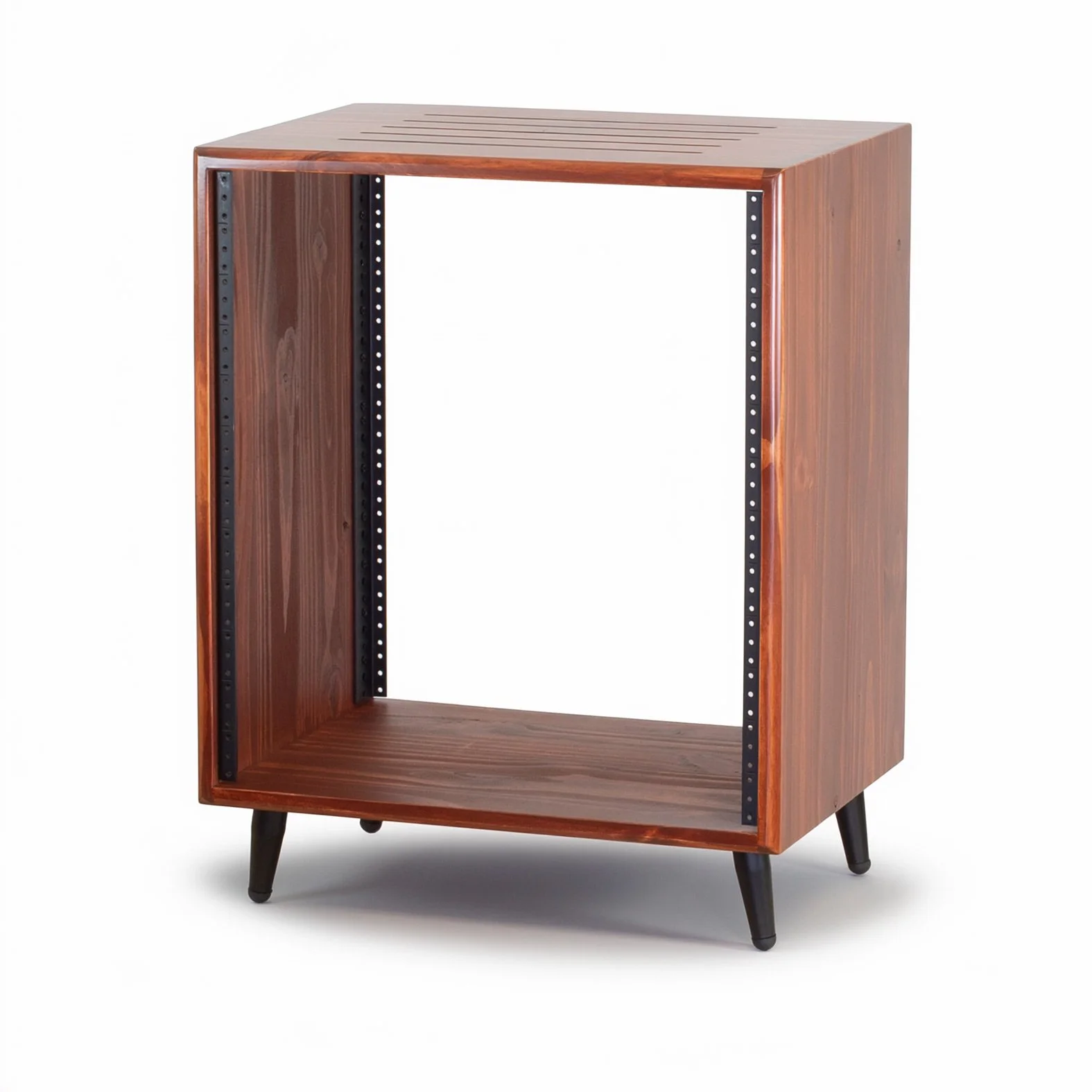 Cognac solid wood studio rack 12U with top vents, rear rails and 4" tapered legs — Gear Hive Classic Collection