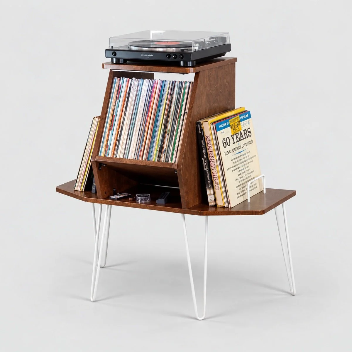White 3/8-inch steel hairpin legs on Beacon record console