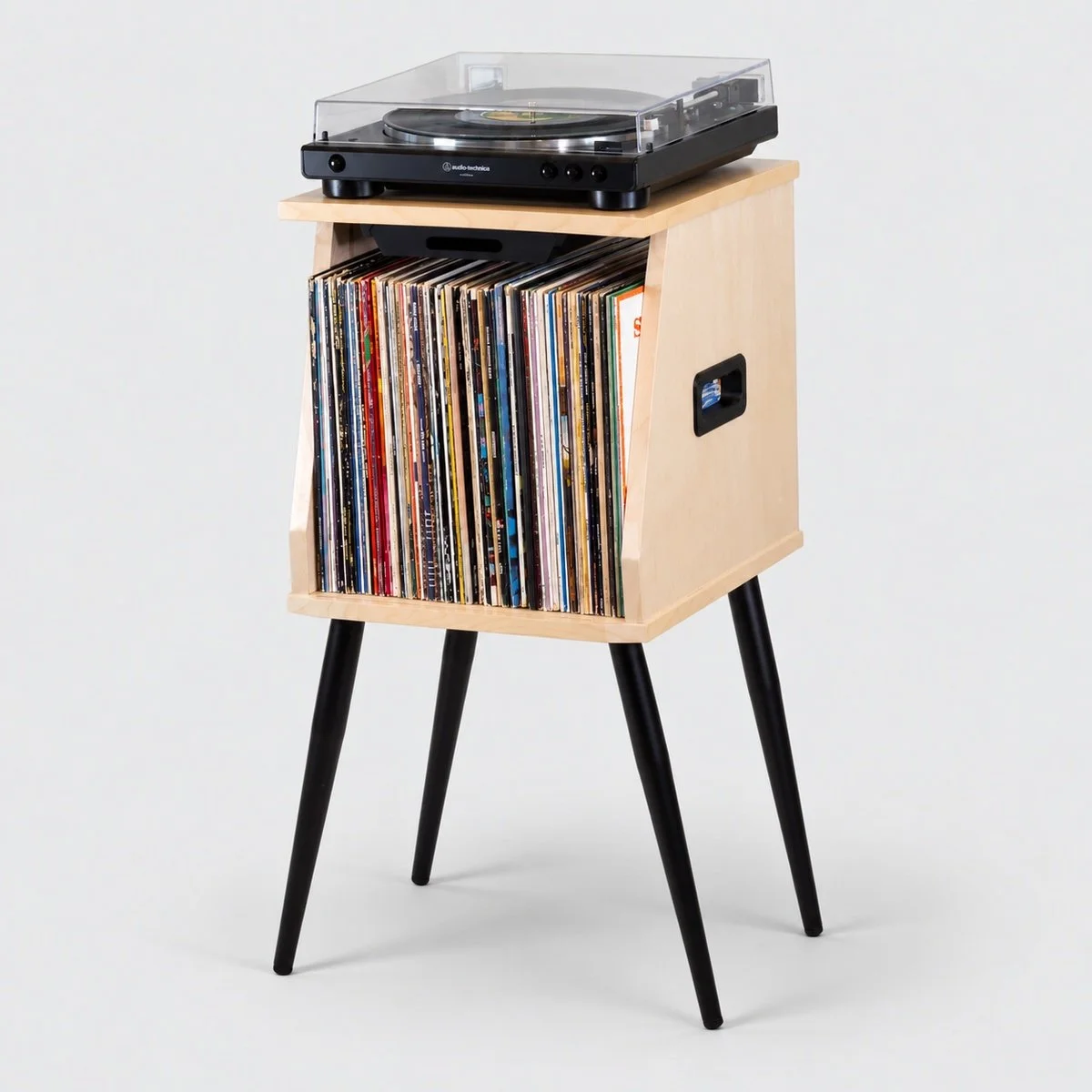 Catalina vinyl record storage console with drawer and black tapered steel legs, holds about 75 records