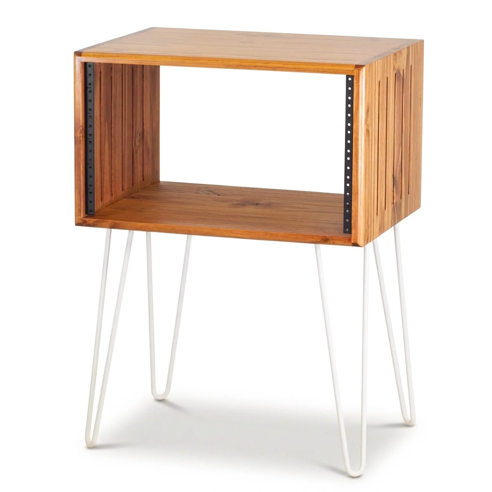 American Walnut solid wood studio rack 6U with side vents and 16" white hairpin legs — Gear Hive Classic Collection