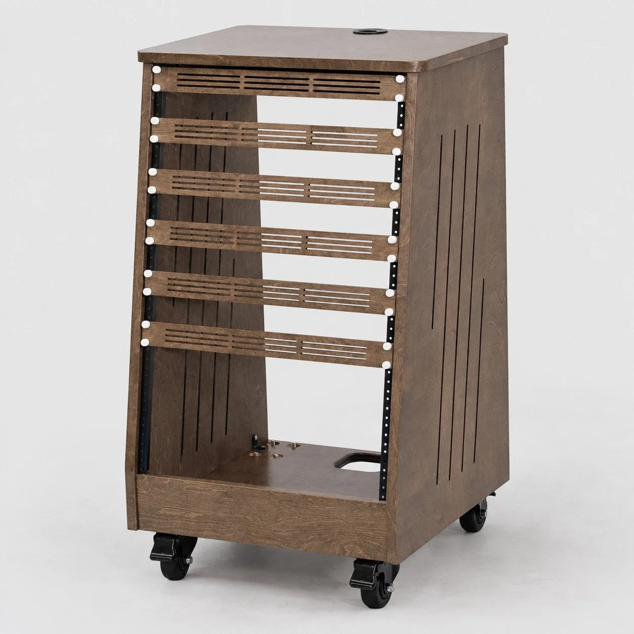Single slanted Espresso 16U wood studio rack with side vents, rack panels and casters — Gear Hive Traditional Racks