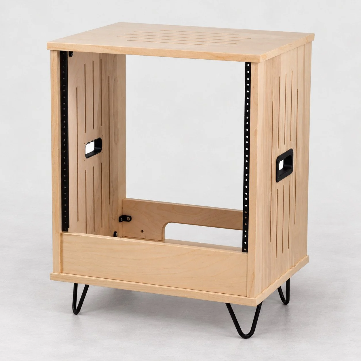 Single straight Natural 10U wood studio rack with handles and 4" hairpin legs — Gear Hive Traditional Racks