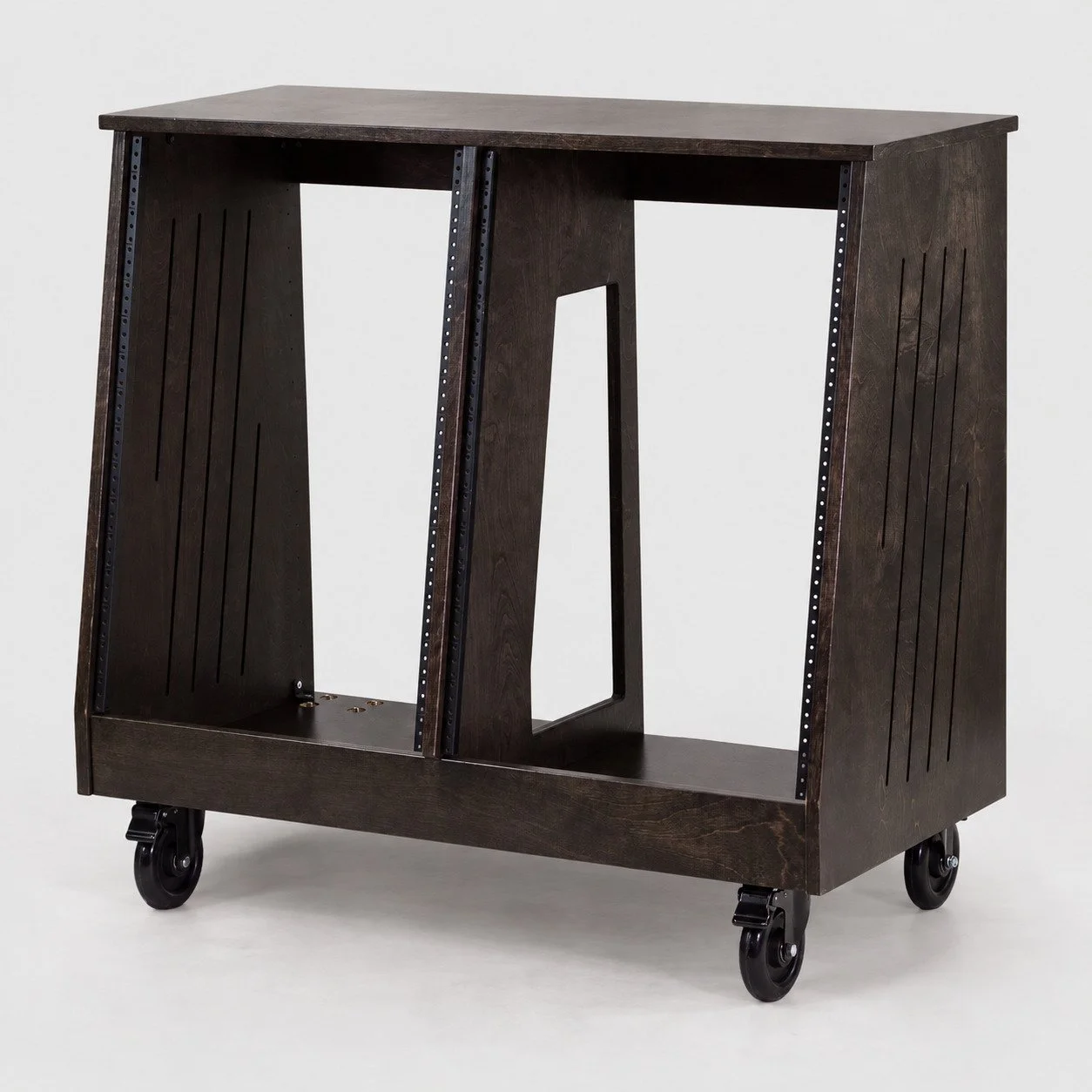 Dual slanted Classic Black 2x16U wood studio rack with side vents and casters — Gear Hive Traditional Racks