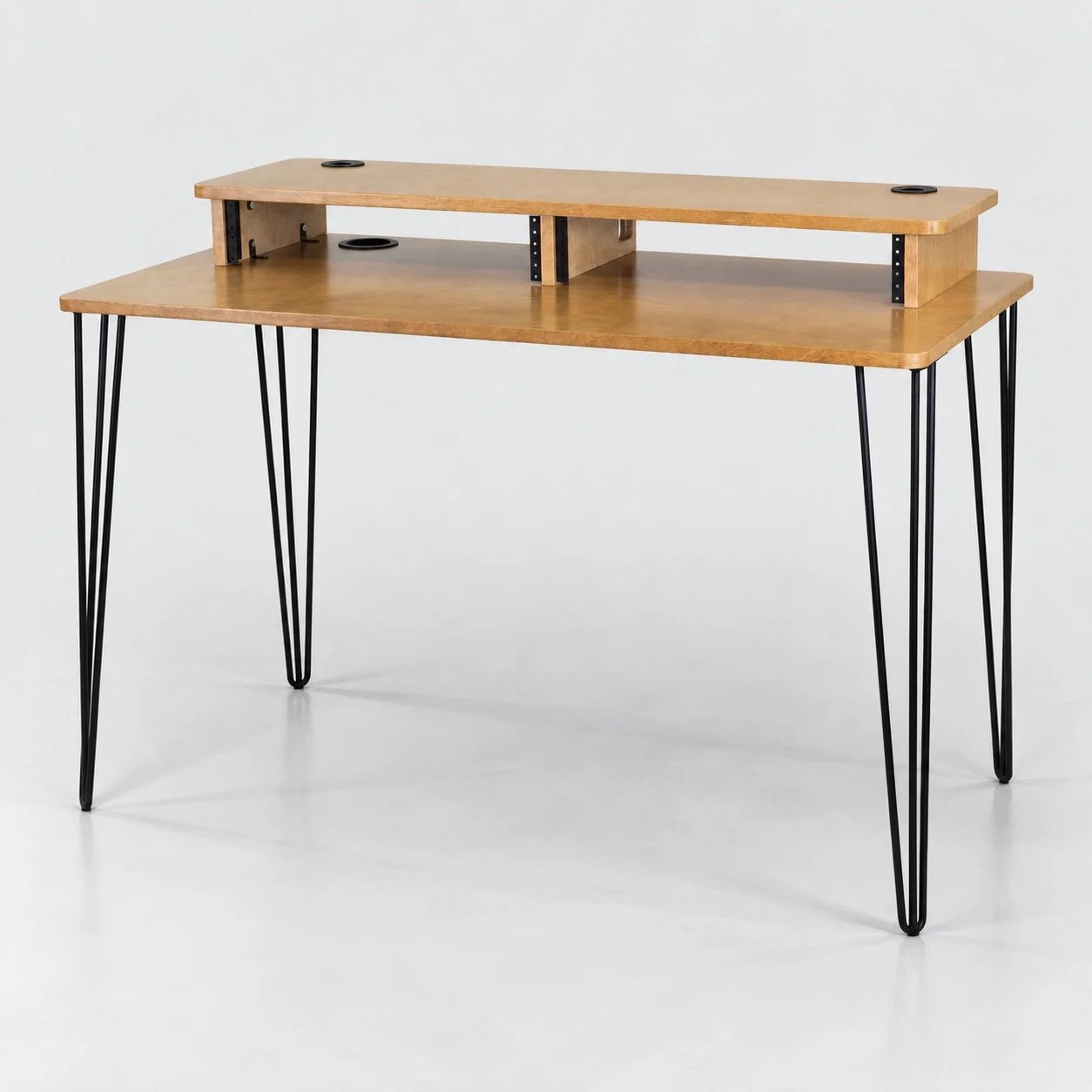 Starter Western Oak 2x2U recording studio desk with hairpin legs and dual rack bays — Gear Hive