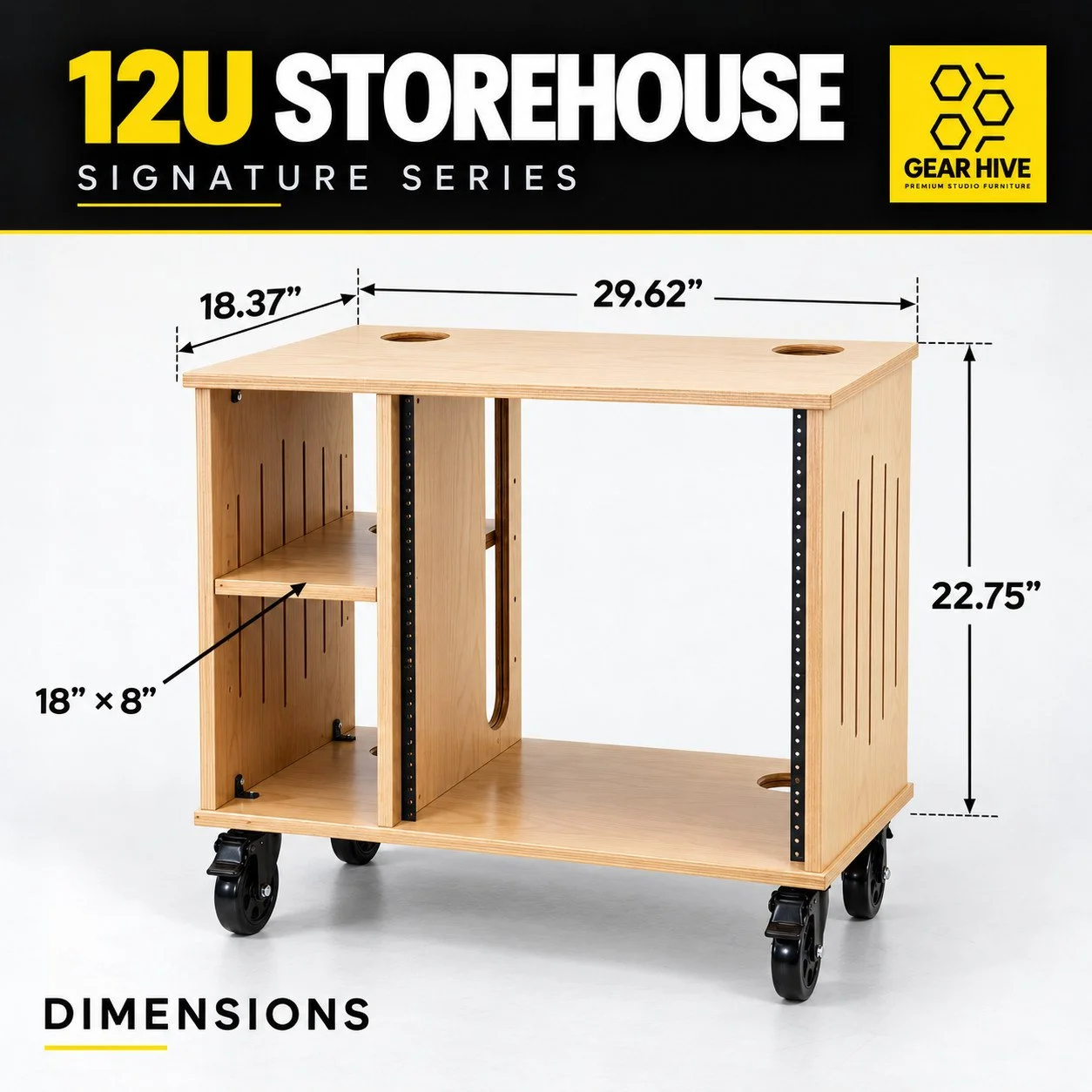 12U Storehouse floor-standing wood studio rack with storage and casters dimensions — Gear Hive Signature Series