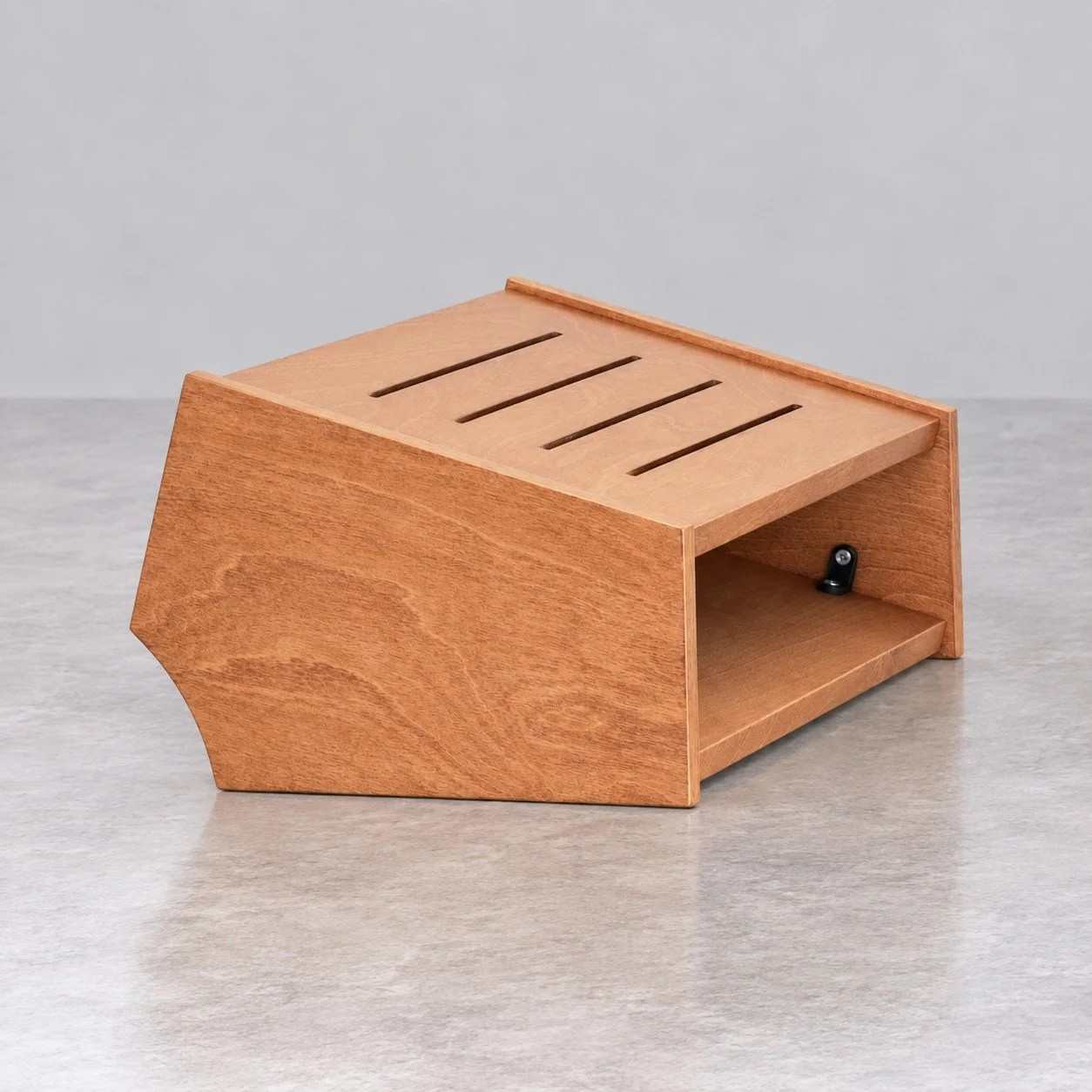 Single slanted turret American Walnut 2U compact wood studio rack side view — Gear Hive Traditional Racks