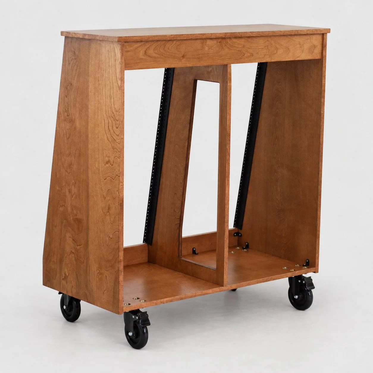 Dual slanted American Walnut 2x20U wood studio rack with side vents and casters rear view — Gear Hive Traditional Racks
