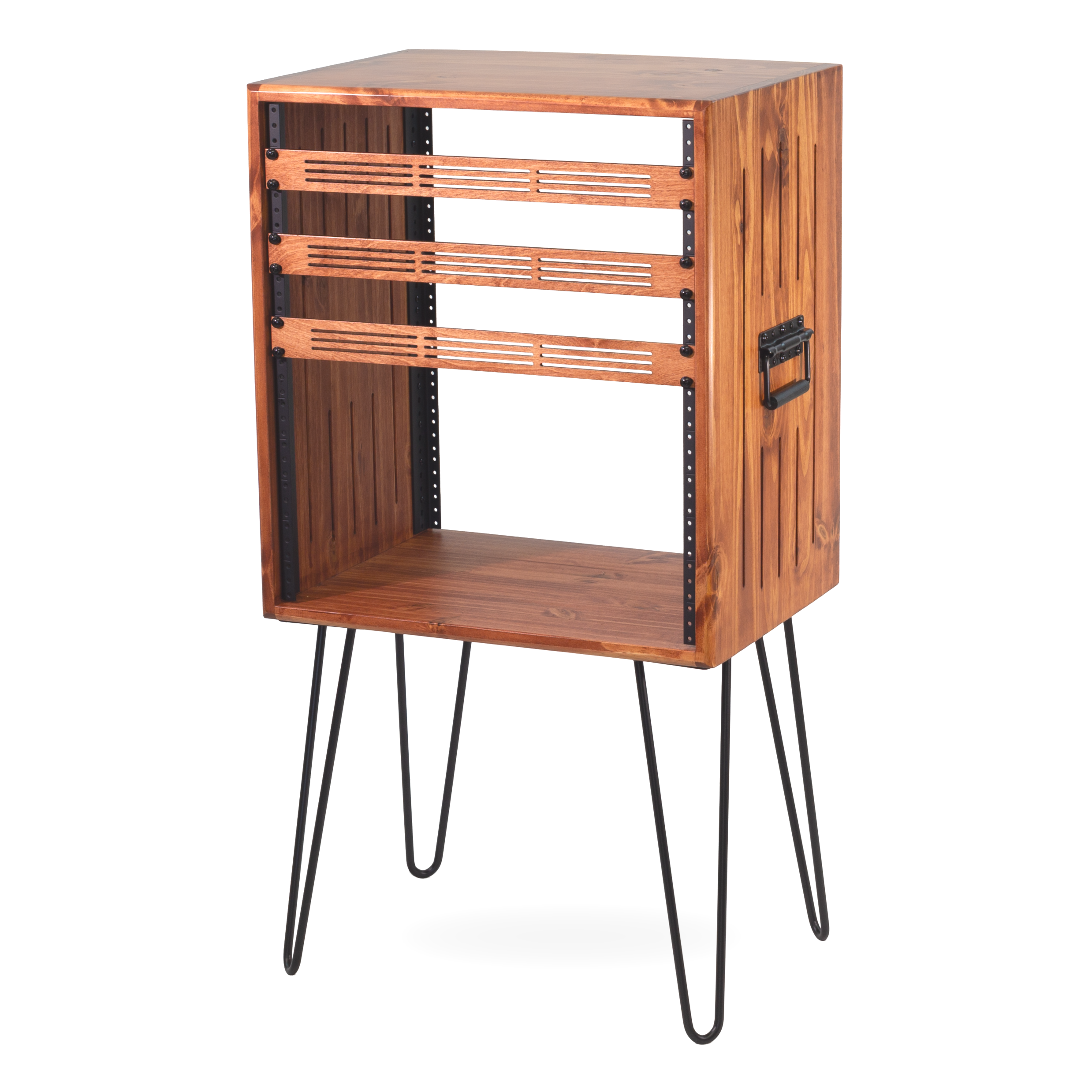 American Walnut solid wood studio rack 12U with side vents, handles and 16" black hairpin legs — Gear Hive Classic Collection