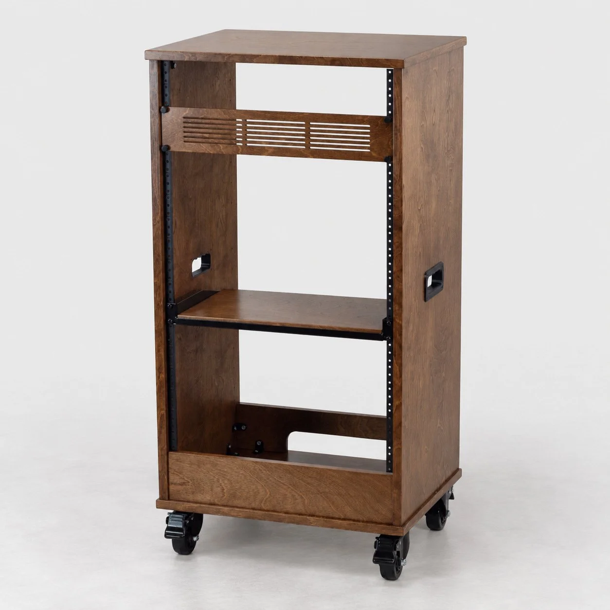 Single straight Dark Walnut 18U wood studio rack with handles, rack shelf, rack panel and casters — Gear Hive Traditional Racks