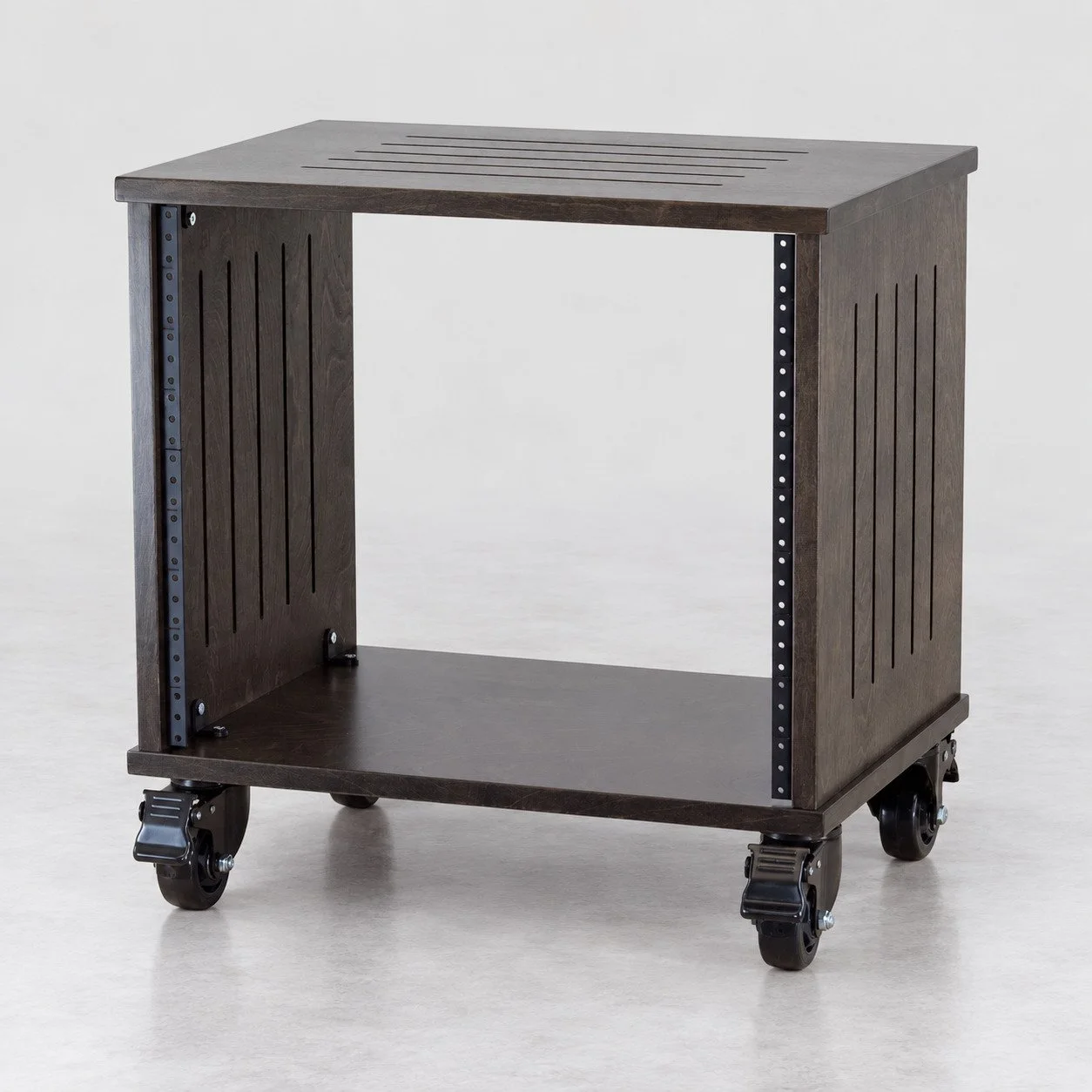 Single straight Classic Black 8U wood studio rack with side vents and casters — Gear Hive Traditional Racks