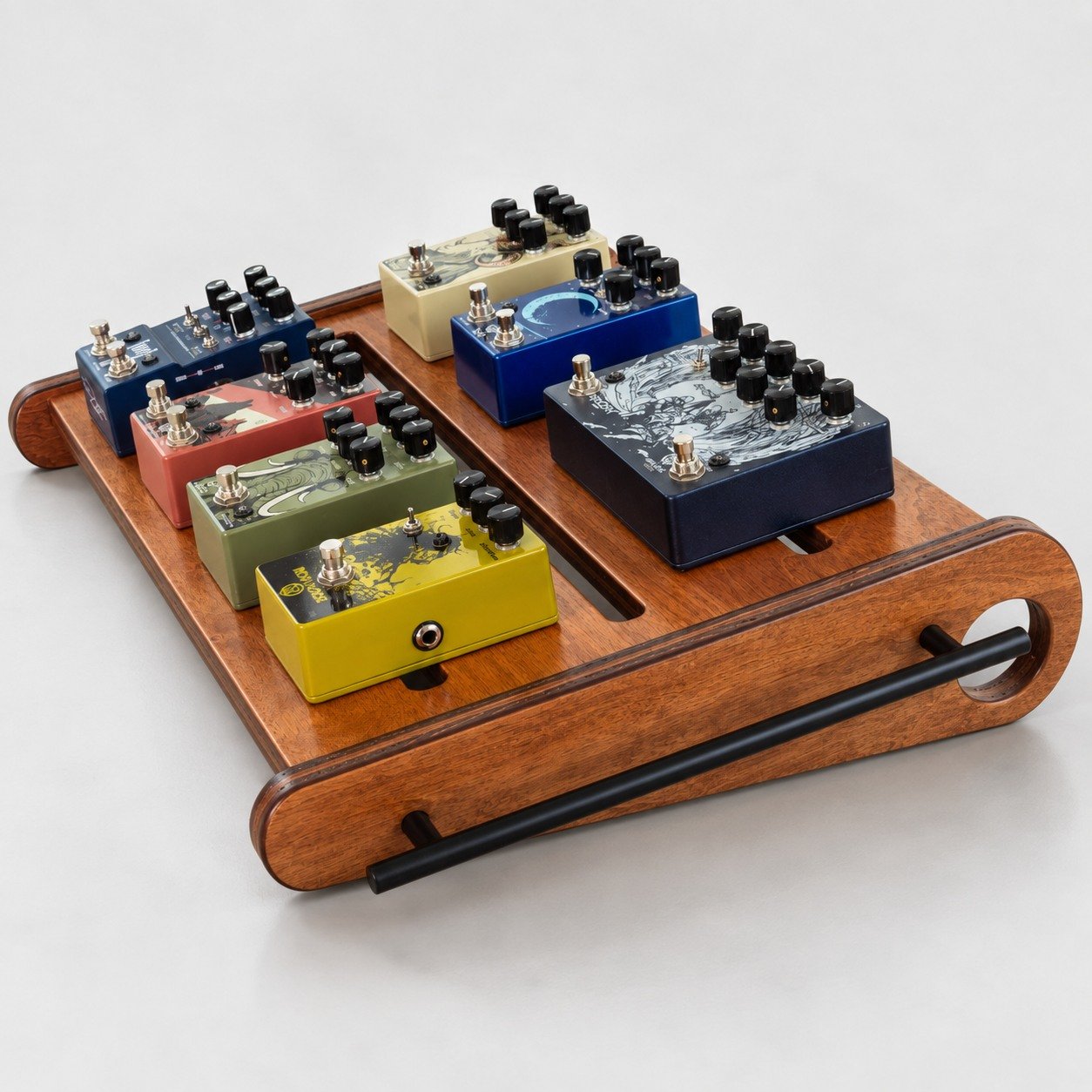 Gear Hive Cognac handmade wood guitar pedalboard with pedals side view — Baltic birch studio quality