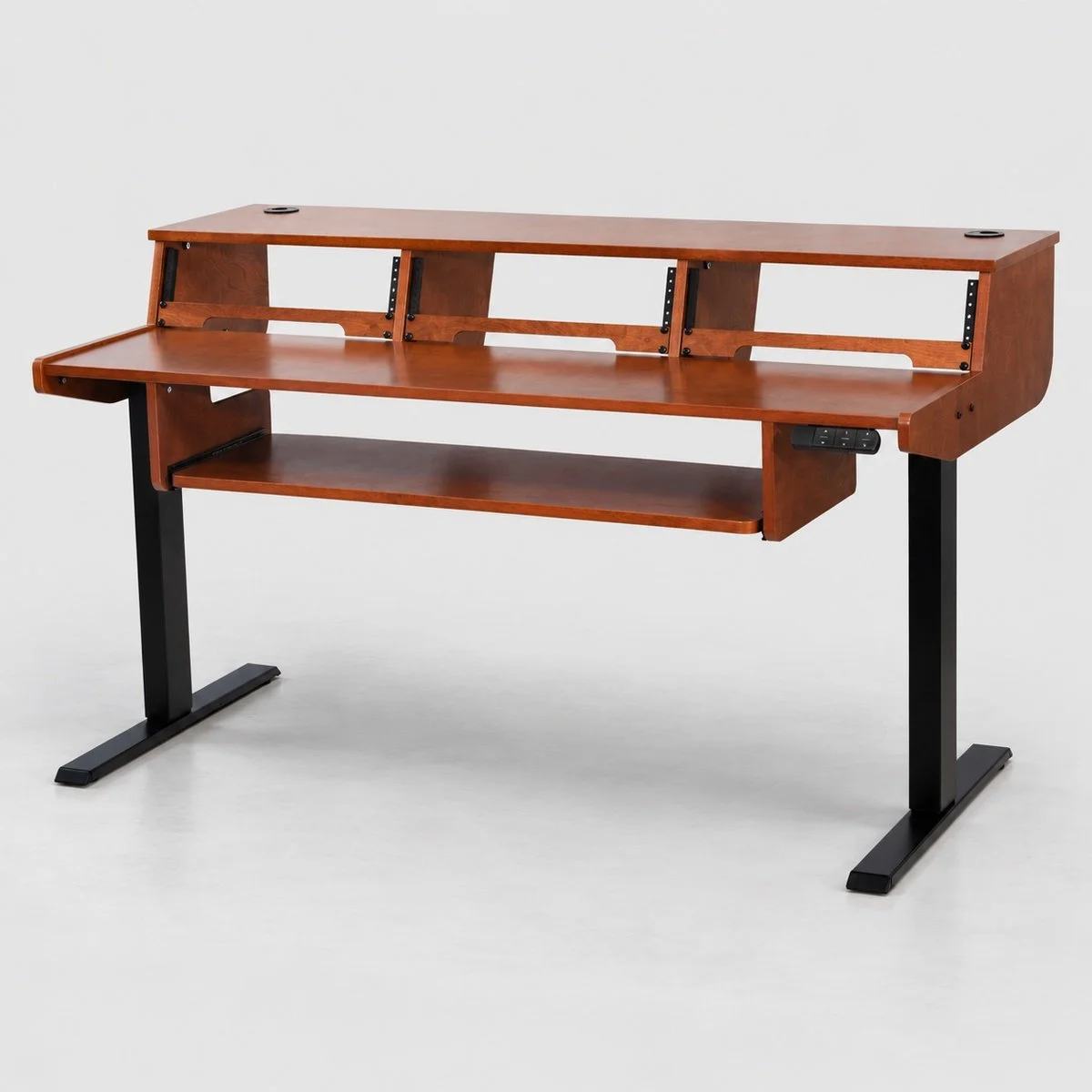 Tamagotchi Cognac sit/stand 3-bay recording studio desk with electric lift and black frame — Gear Hive