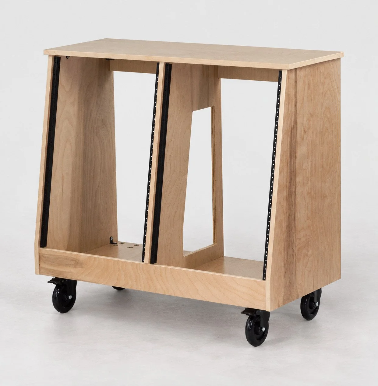 Dual slanted Natural 2x16U wood studio rack with casters — Gear Hive Traditional Racks