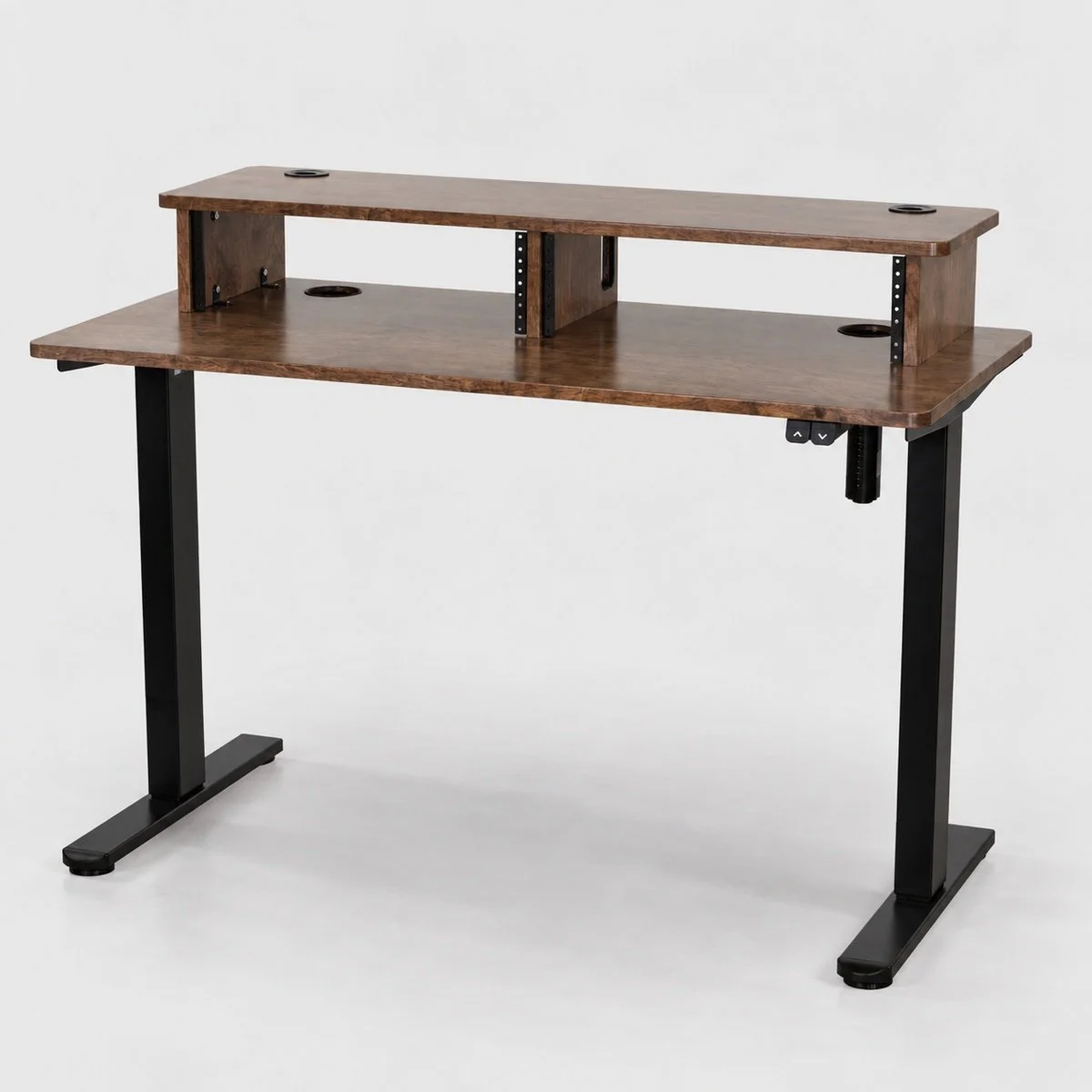 Starter sit/stand Dark Walnut height-adjustable wood recording studio desk with keyboard tray and no rack bays — Gear Hive