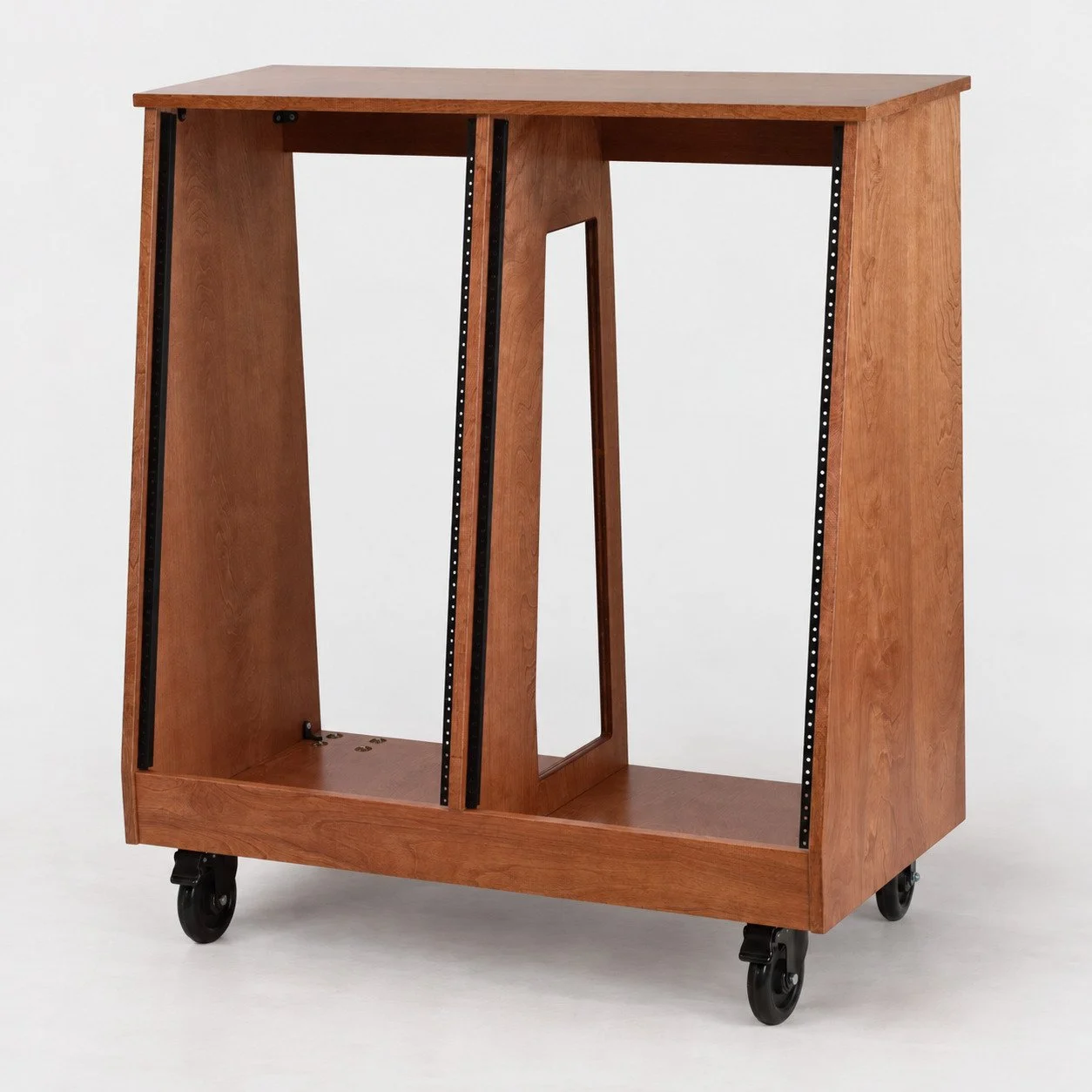 Dual slanted American Walnut 2x20U wood studio rack with side vents and casters — Gear Hive Traditional Racks