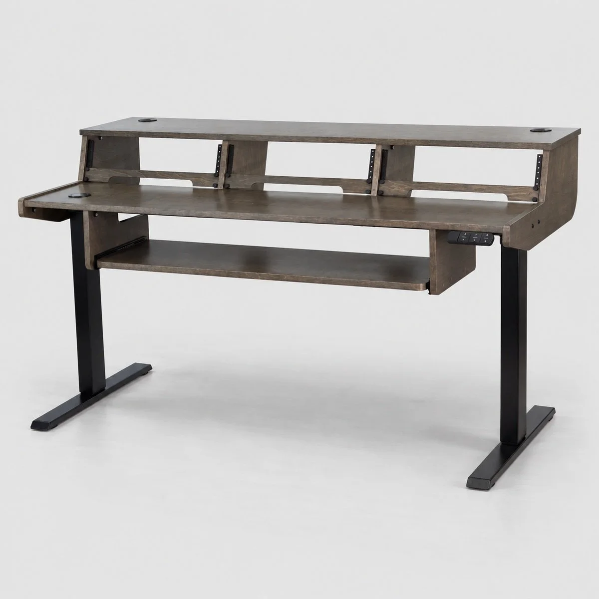 Tamagotchi Smoke Gray sit/stand 3-bay recording studio desk with electric lift and black frame — Gear Hive