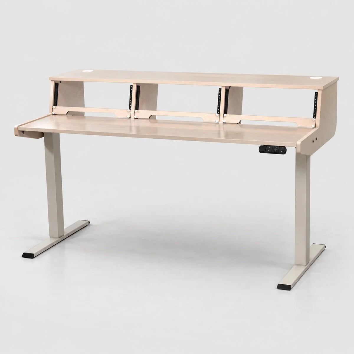 Tamagotchi White Wash sit/stand 3-bay recording studio desk with electric lift and white frame — Gear Hive