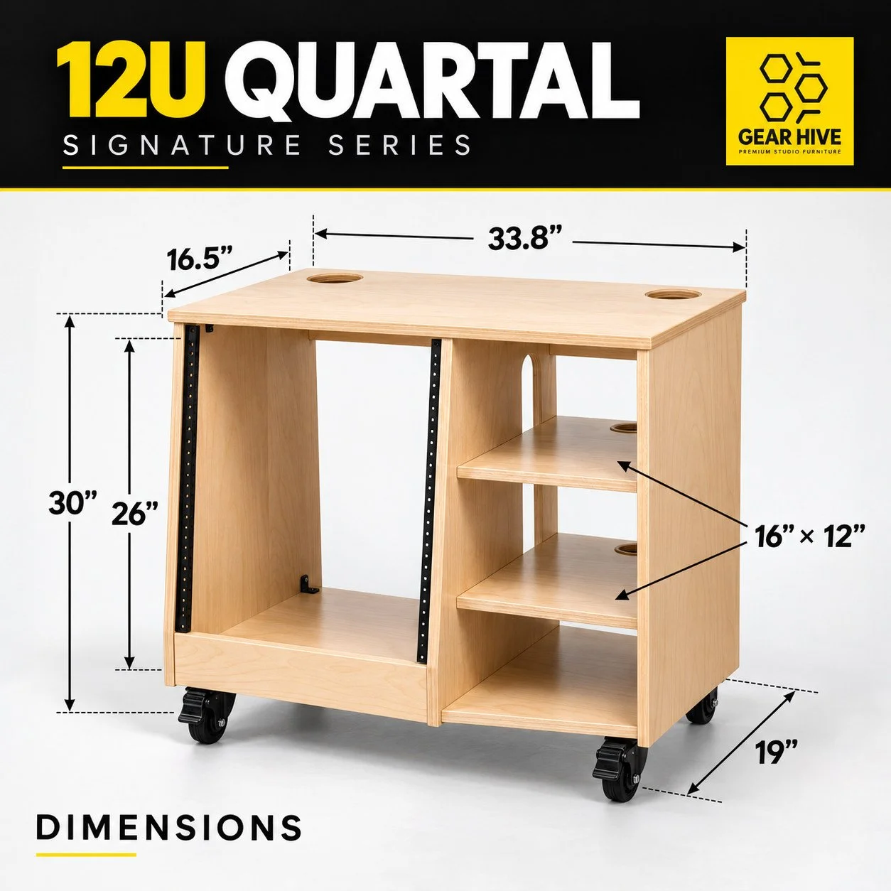 12U Quartal premium wood studio rack with shelves dimensions — Gear Hive Signature Series