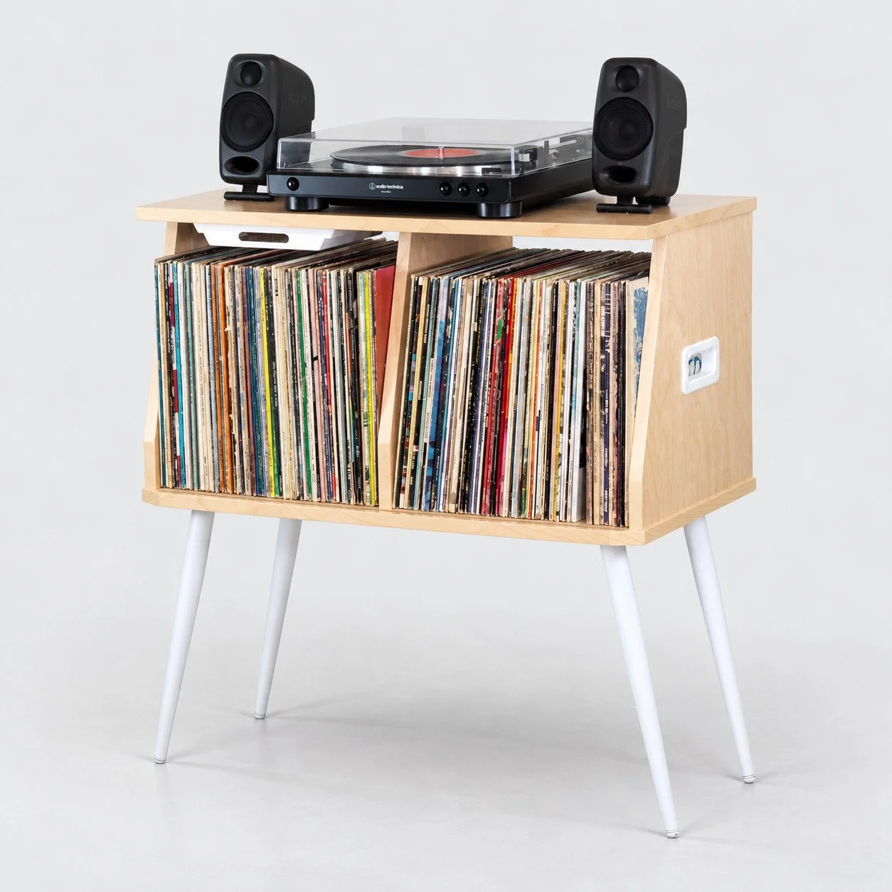 Catalina 2-bay record console holding about 150 vinyl records, with angled side panels and drawer