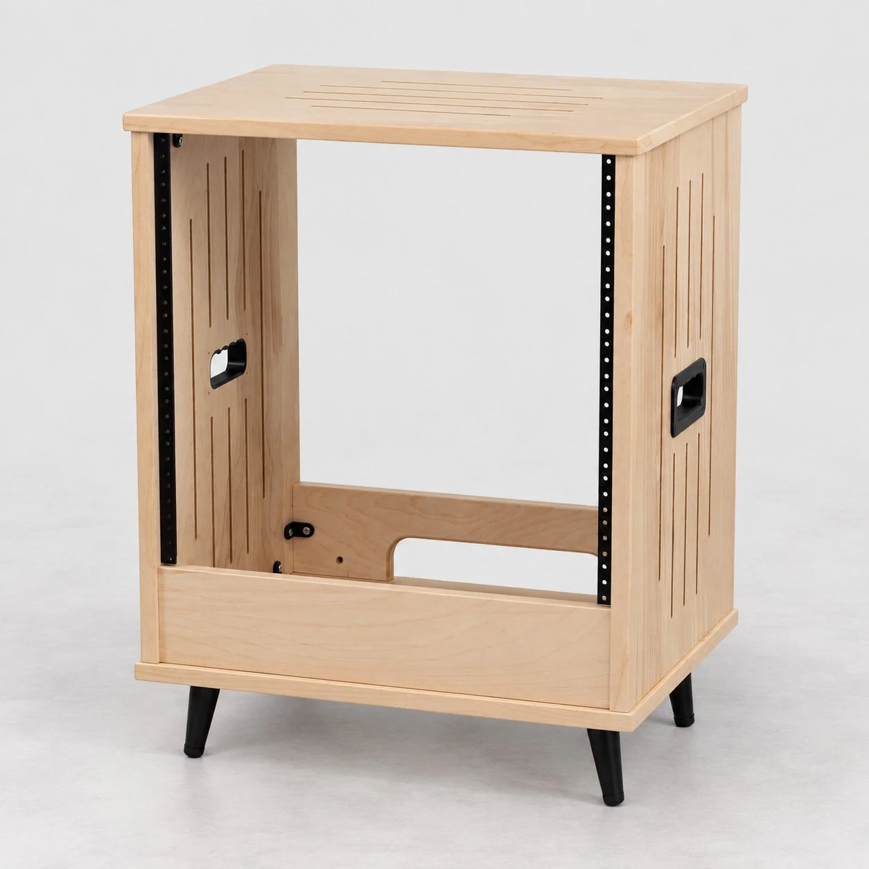 Single straight Natural 10U wood studio rack with handles and 4" steel tapered legs — Gear Hive Traditional Racks