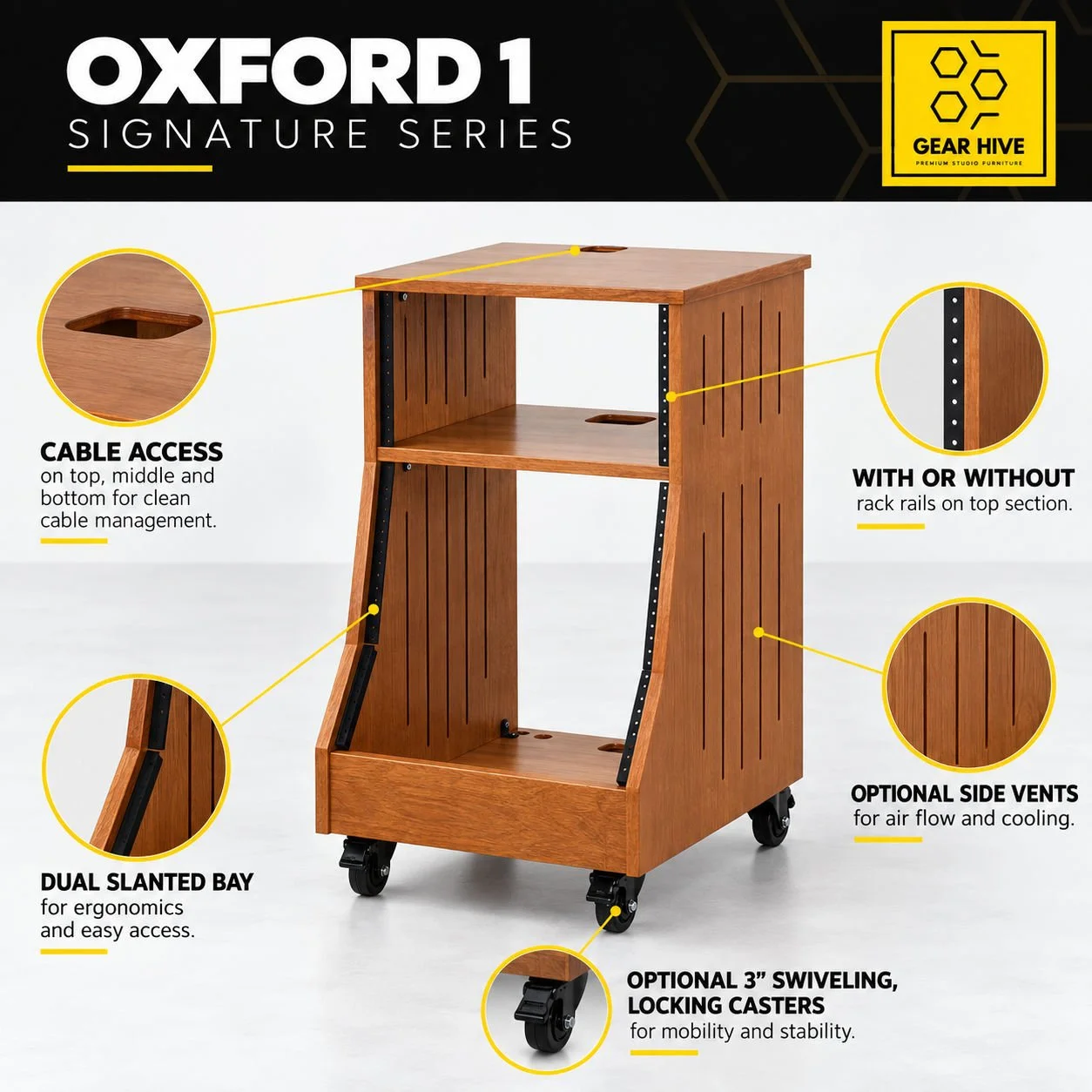 Oxford 1 slanted studio rack features — Gear Hive Signature Series