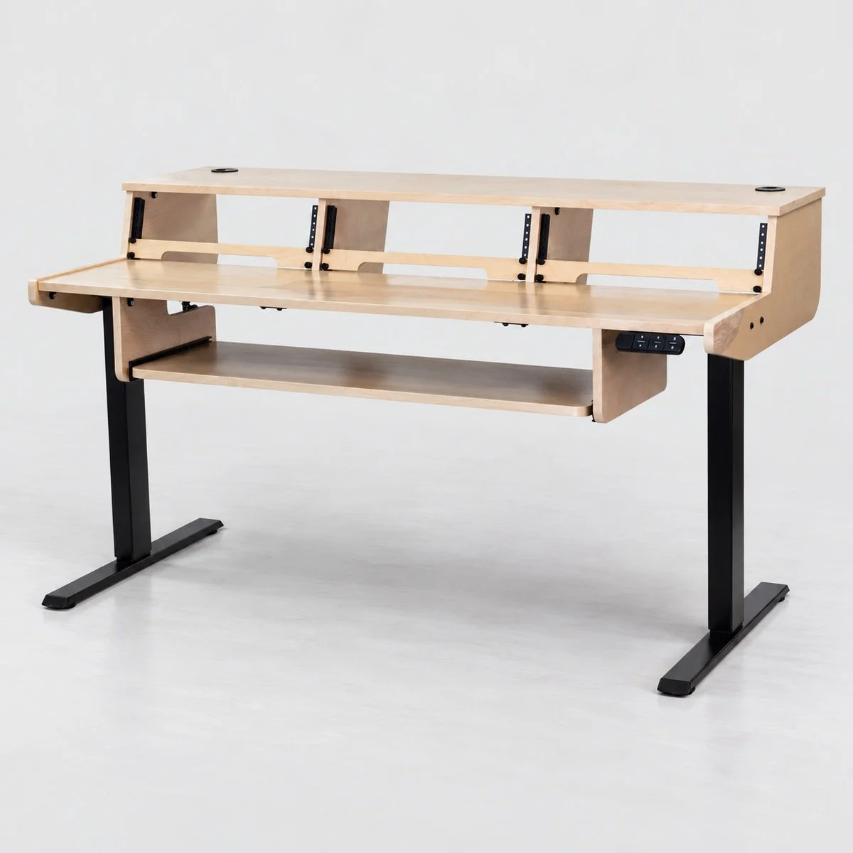 Tamagotchi Natural sit/stand 3-bay recording studio desk with electric lift and black frame — Gear Hive.png