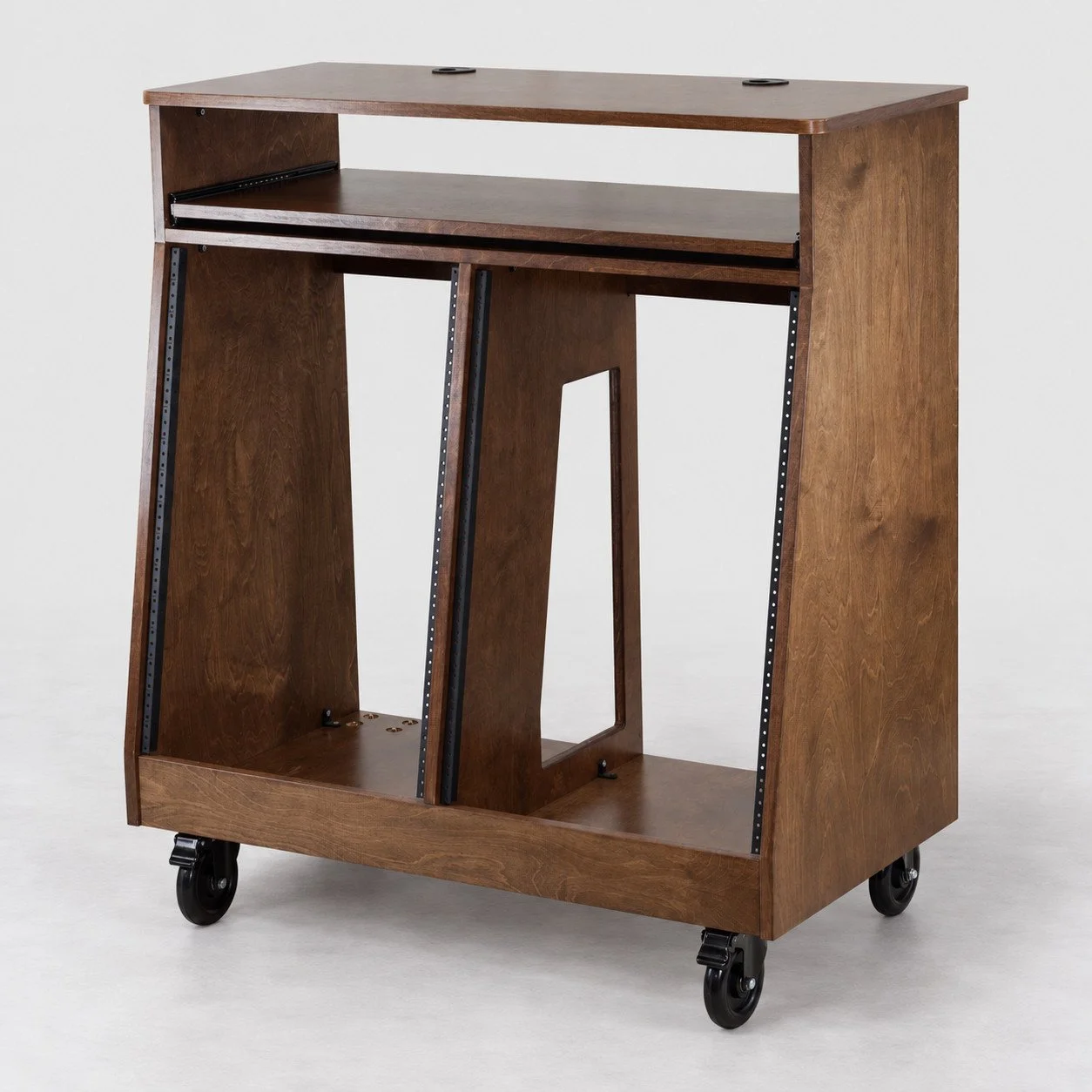 Dual slanted Dark Walnut studio rack with keyboard tray and casters — Gear Hive Traditional Racks