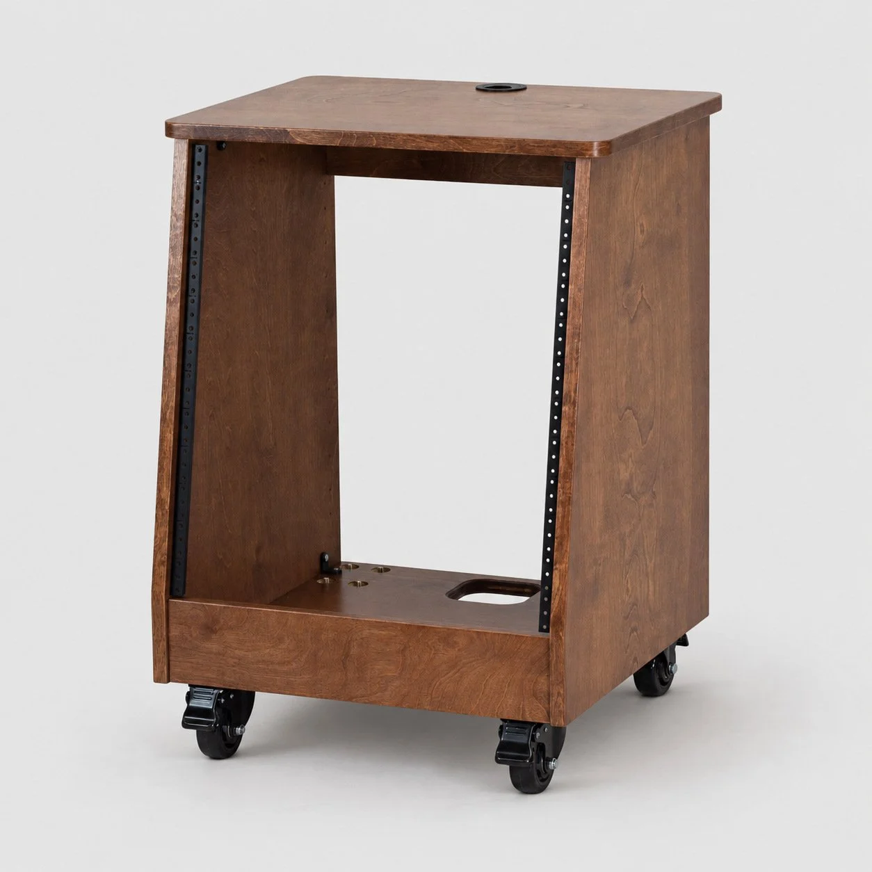 Single slanted Dark Walnut 12U wood studio rack with casters — Gear Hive Traditional Racks